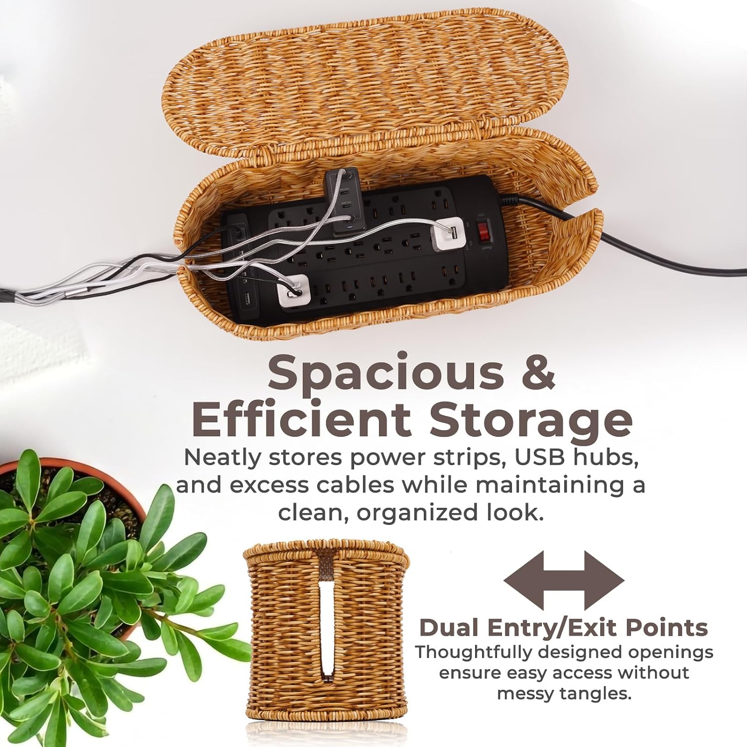 Handmade Rattan Cable Organizer / Natural / Oval