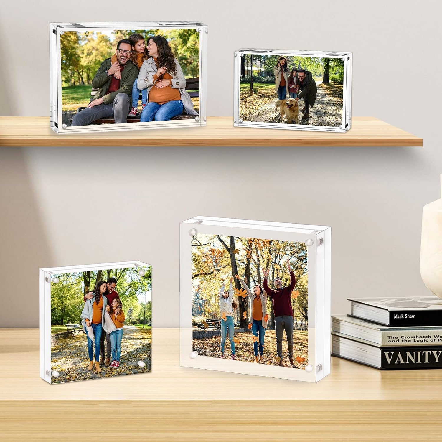 AMEITECH Acrylic Picture Frame 8x8-5 Pack, Clear Double Sided Frameless Photo Frame with Magnetic, Free Standing