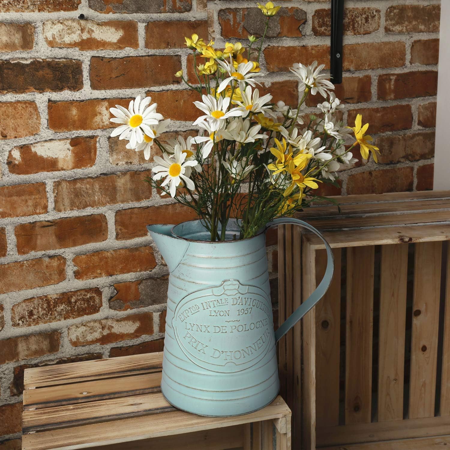 Shabby Chic Metal Jug Vase Pitcher Flower Holder / Blue-large