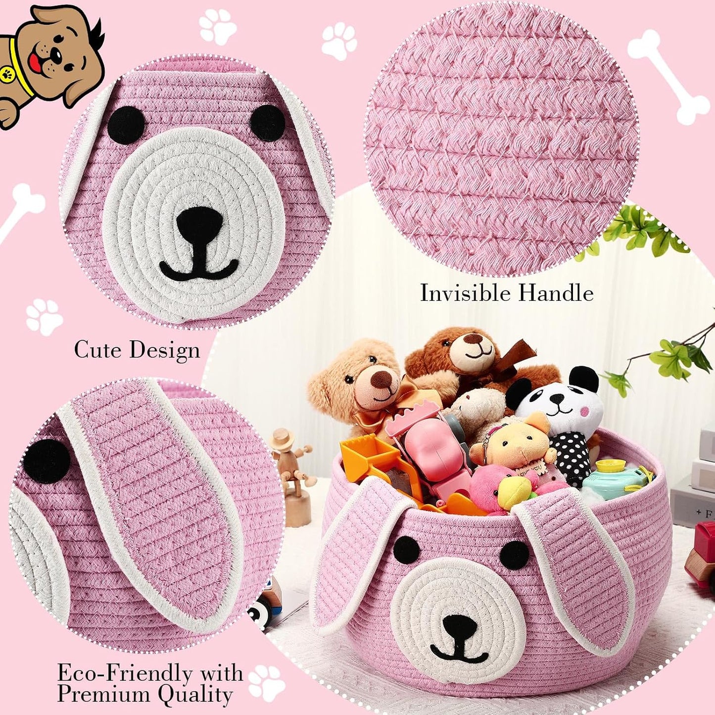Dog Woven Basket Woven Cotton Rope Puppy Animal Storage Basket for Laundry Toy Gift / Pink / 13 x 8