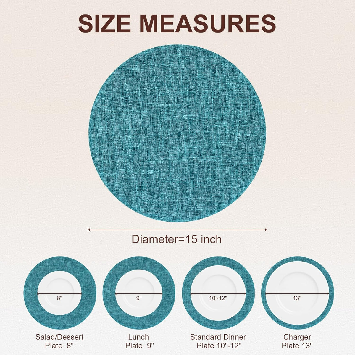 Cotton Linen 15 Inch Round Cloth Place mats, Set of 6, Teal | Washable Table Mats, Heat Resistant, Reversible, Wipeable