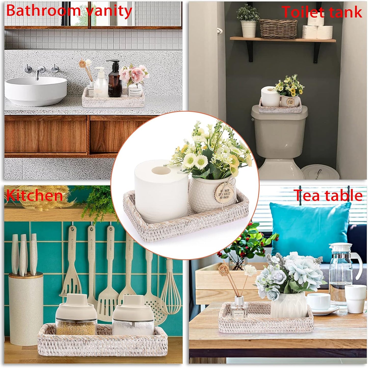 Rattan Bathroom Vanity Tray / White / 10 x 6.1 x 1.8
