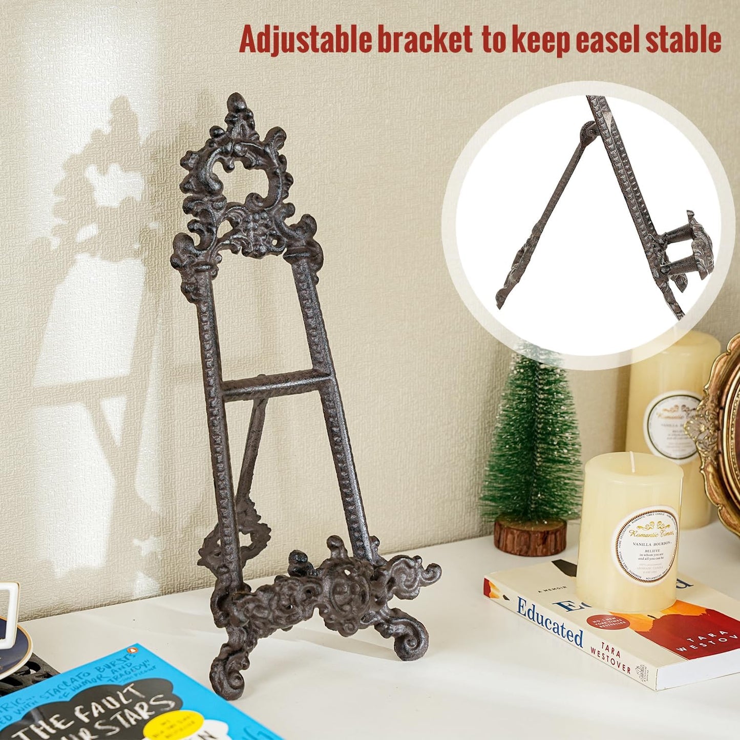 Sungmor Vintage Cast Iron Cookbook Stand, 15.5 Inches Tall Antique Brown | Small Ornate Easel Fleur De Lis Stand,Table