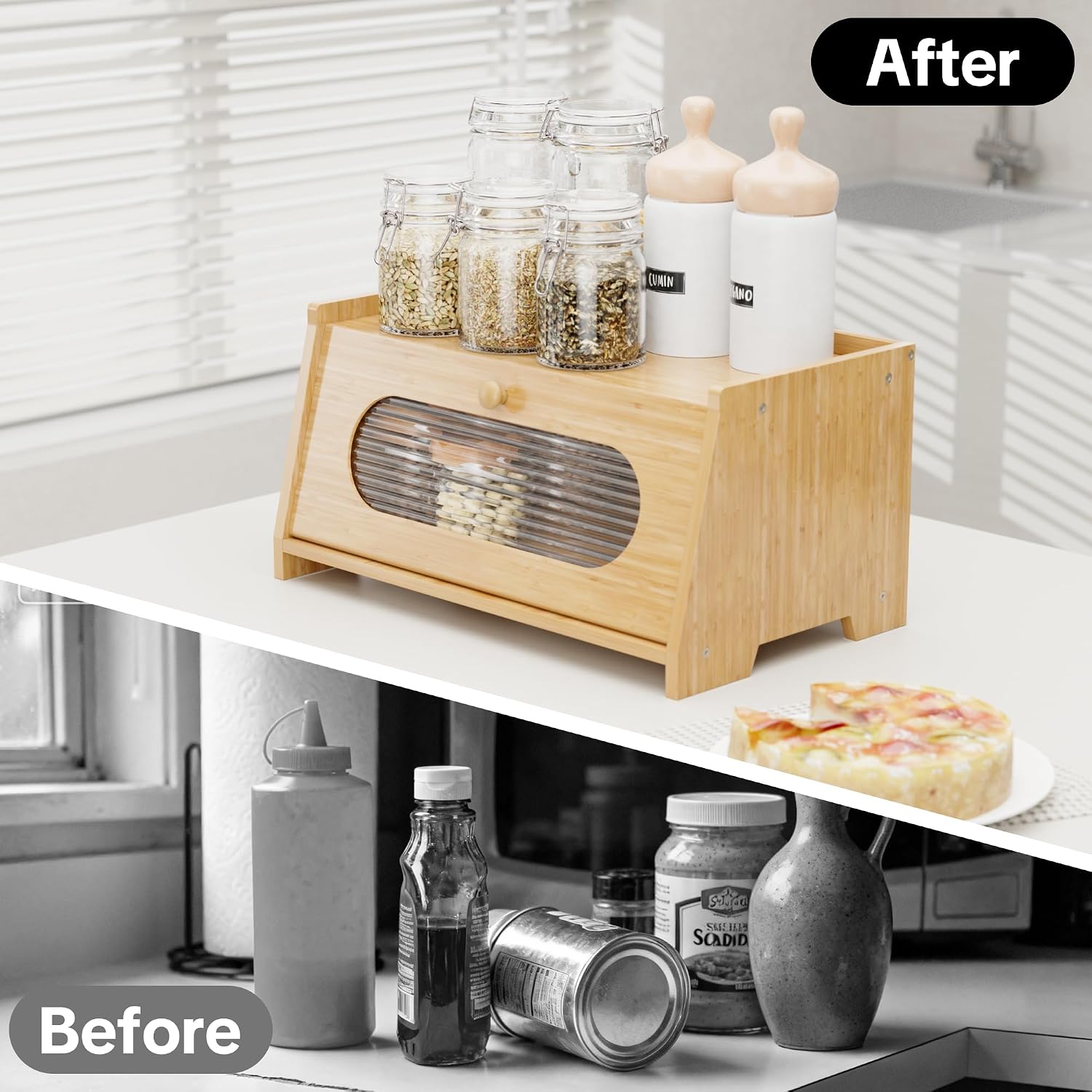 Bamboo Bread Box for Kitchen Countertop,Large Capacity Kitchen Countertop Organizer,Bread Storage with Acrylic Window