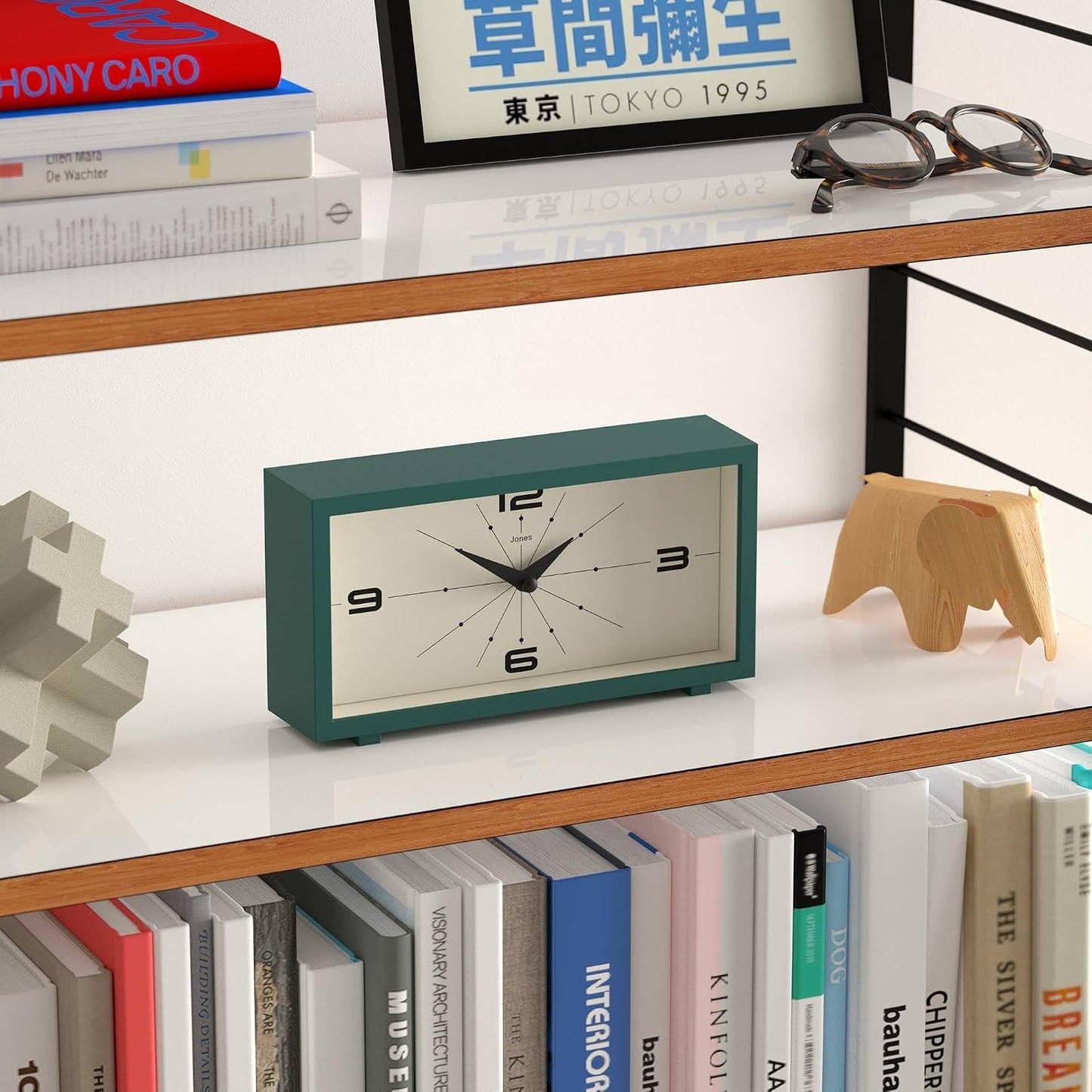 JONES CLOCKS® Odeon Desk Clock | Modern Rectangular Design | Dark Green | Stylish Retro Look for Shelf, Table, Mantel