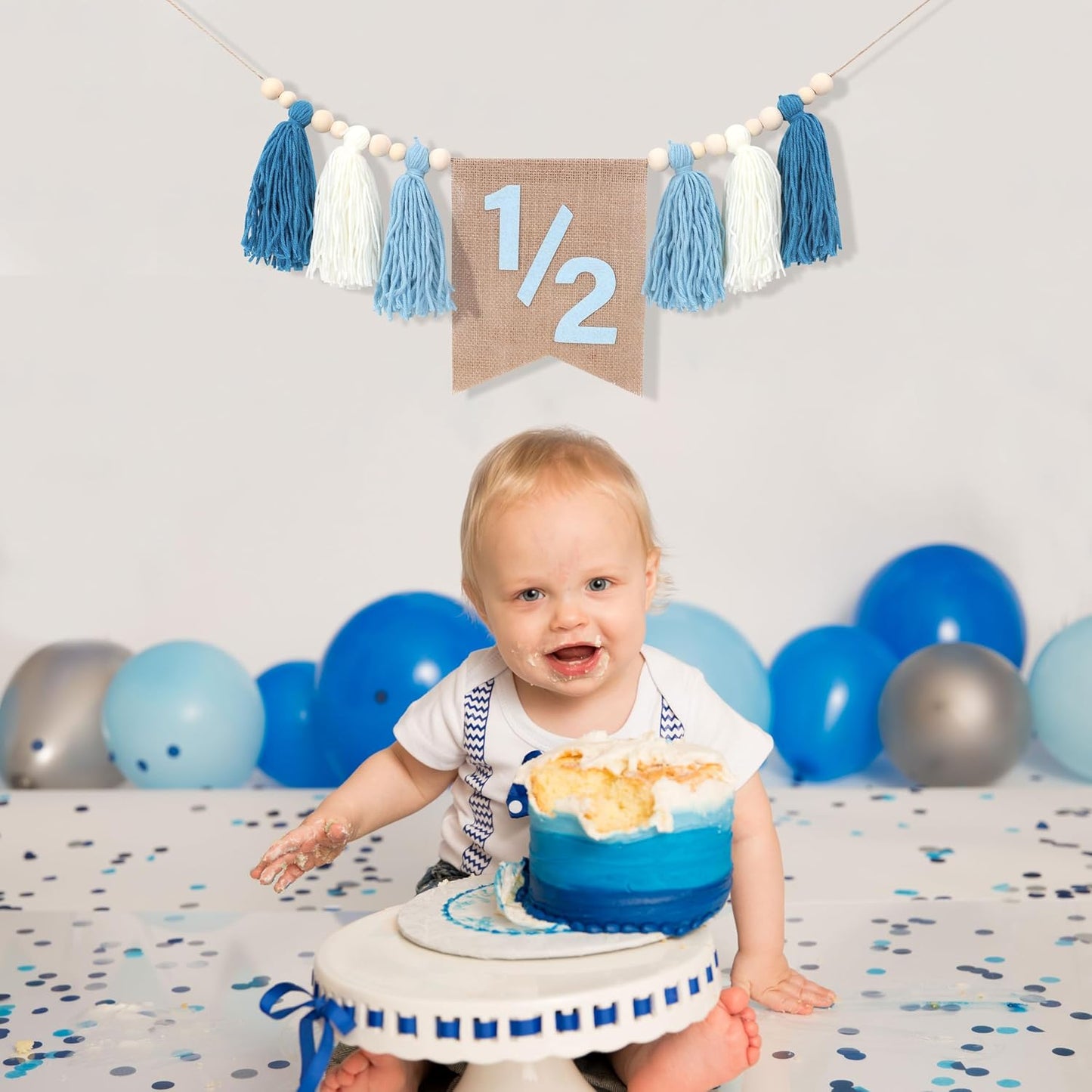 Pink Tassel Wood Bead Highchair / 1/2 Blue Banner