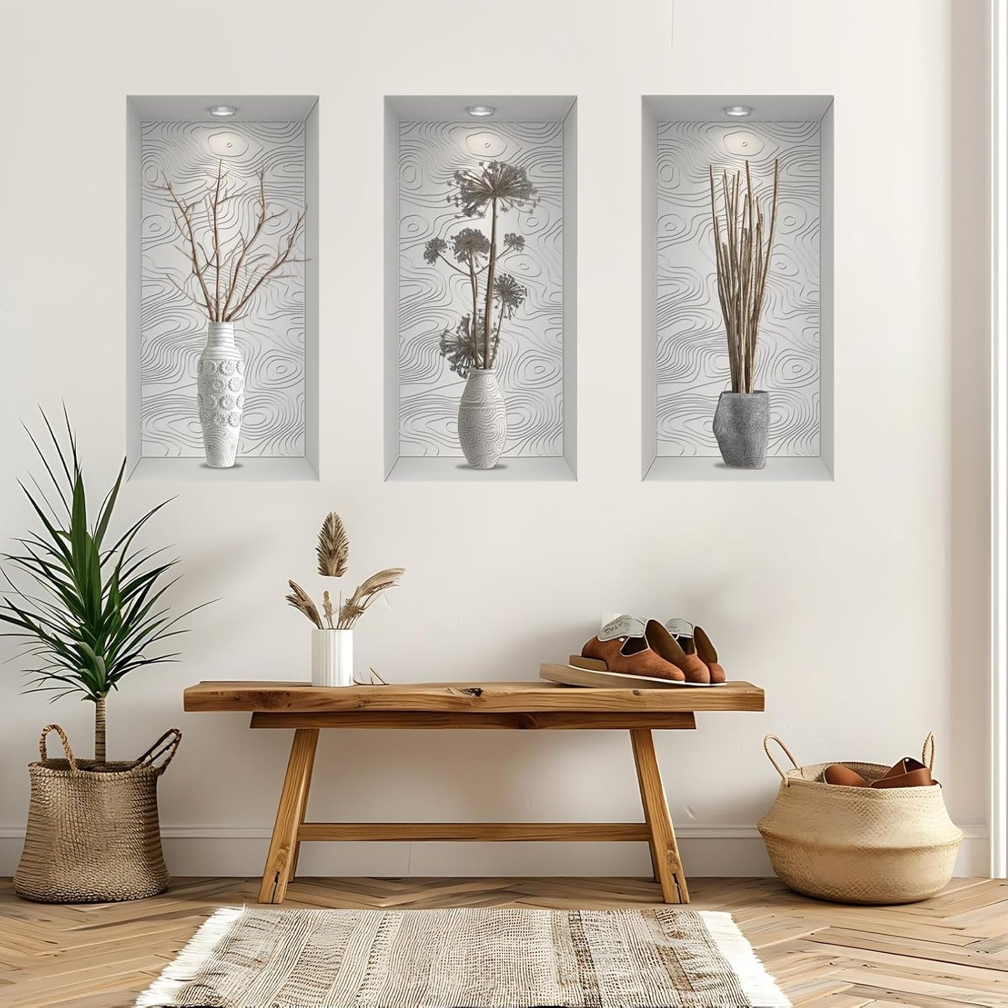3D Vase Art Wall Stickers Self-Adhesive Potted Wall Decals / Grey Branch