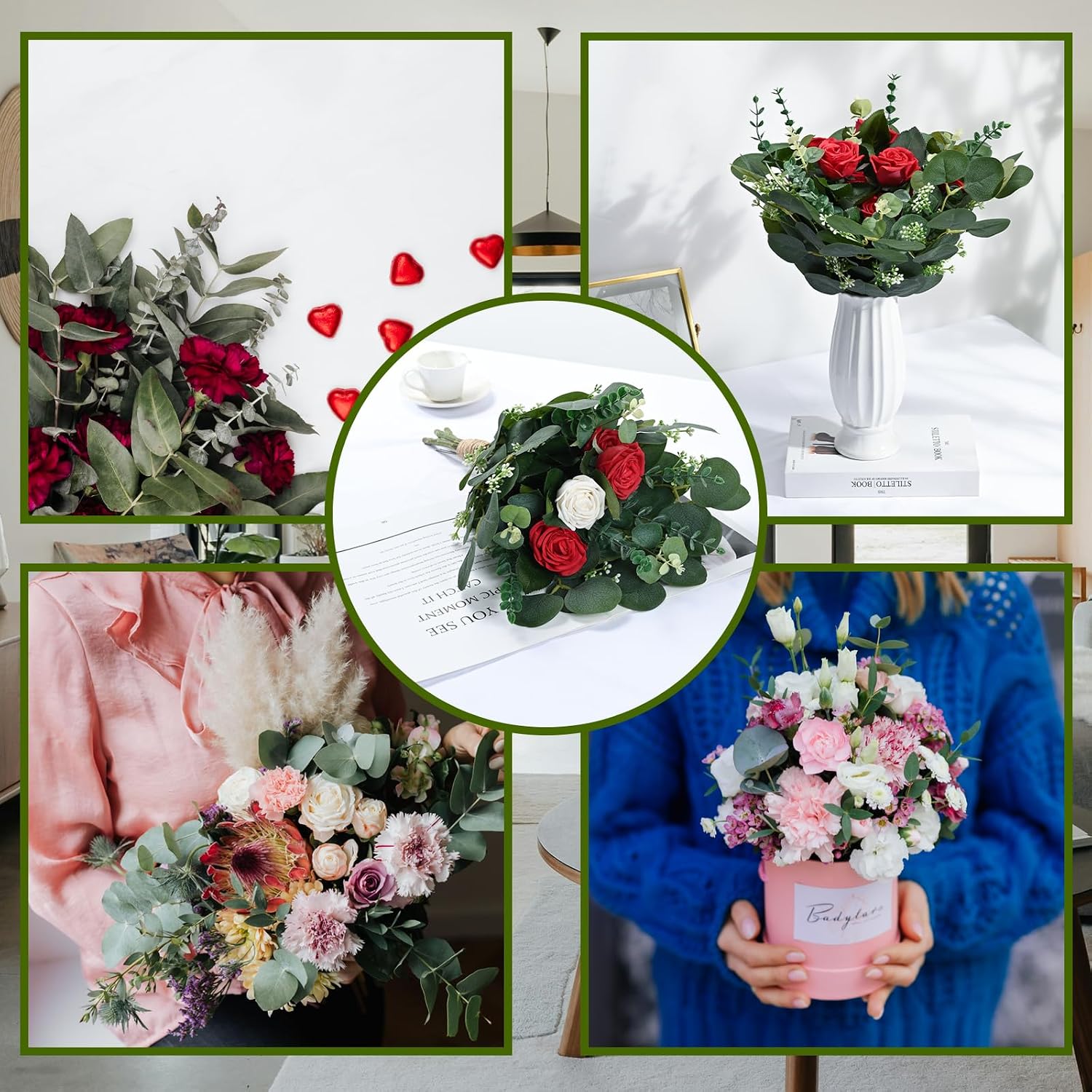 3 Kinds Mixed Eucalyptus Stems Bulk Artificial Eucalyptus Leaves Sprays Faux / Green / 1 / Set of 90