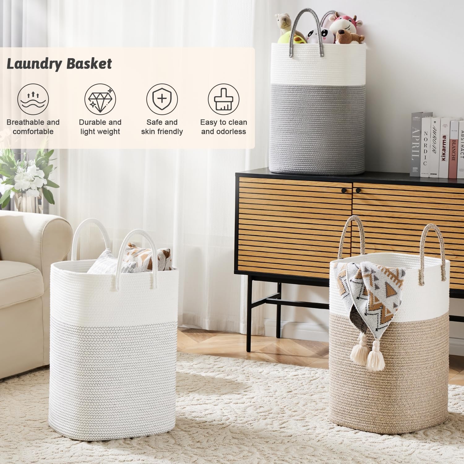 Laundry Basket / Woven Cotton Rope Laundry Hamper / 60L / Brown