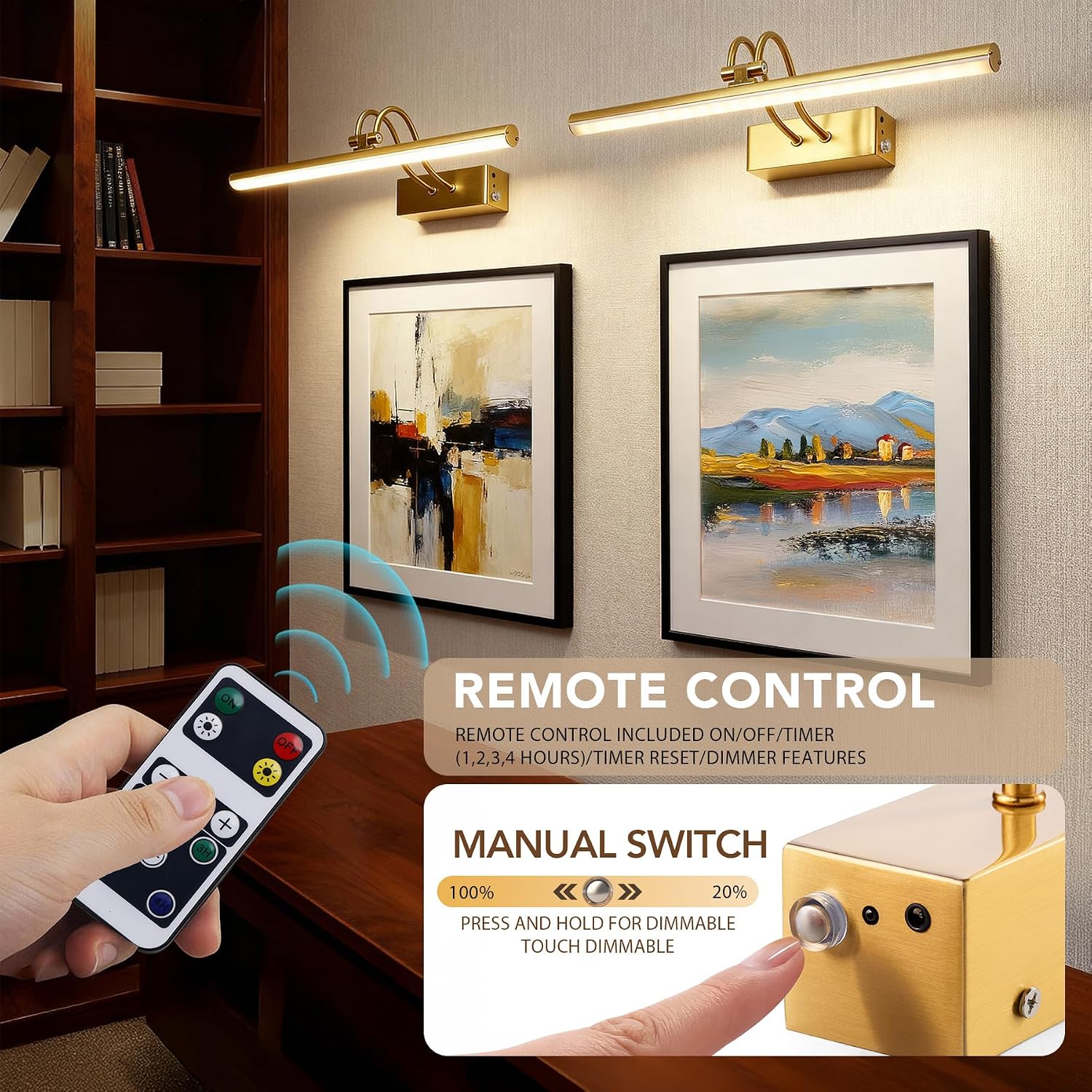 Picture Light for Wall,5000mAh Wireless Wall Light,16" Art Light,Brass | Rechargeable Photo Lights,Remote Timer and