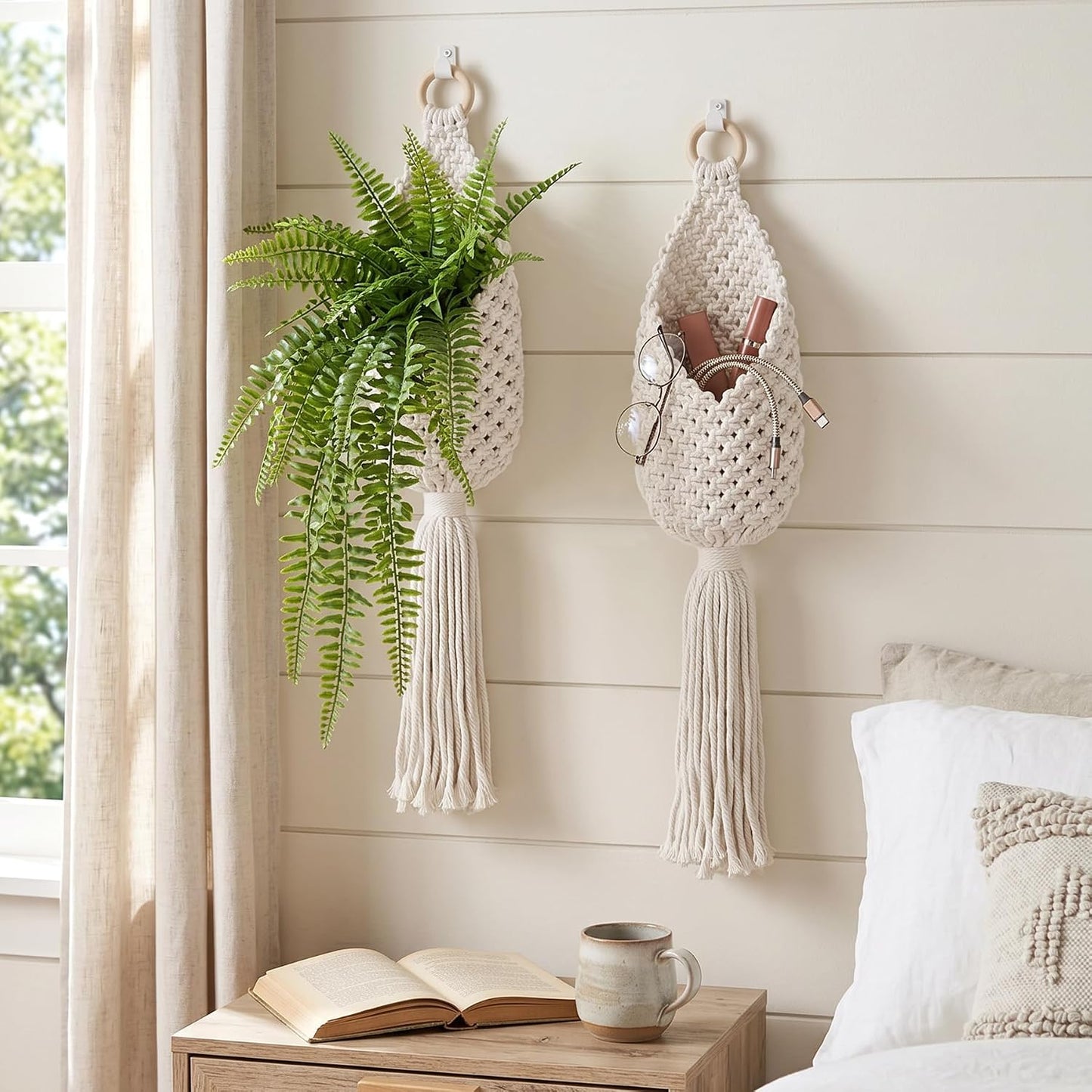 Small Woven Baskets Boho Tassel Decor Storage Cotton Rope Pouches / White / Set of 2