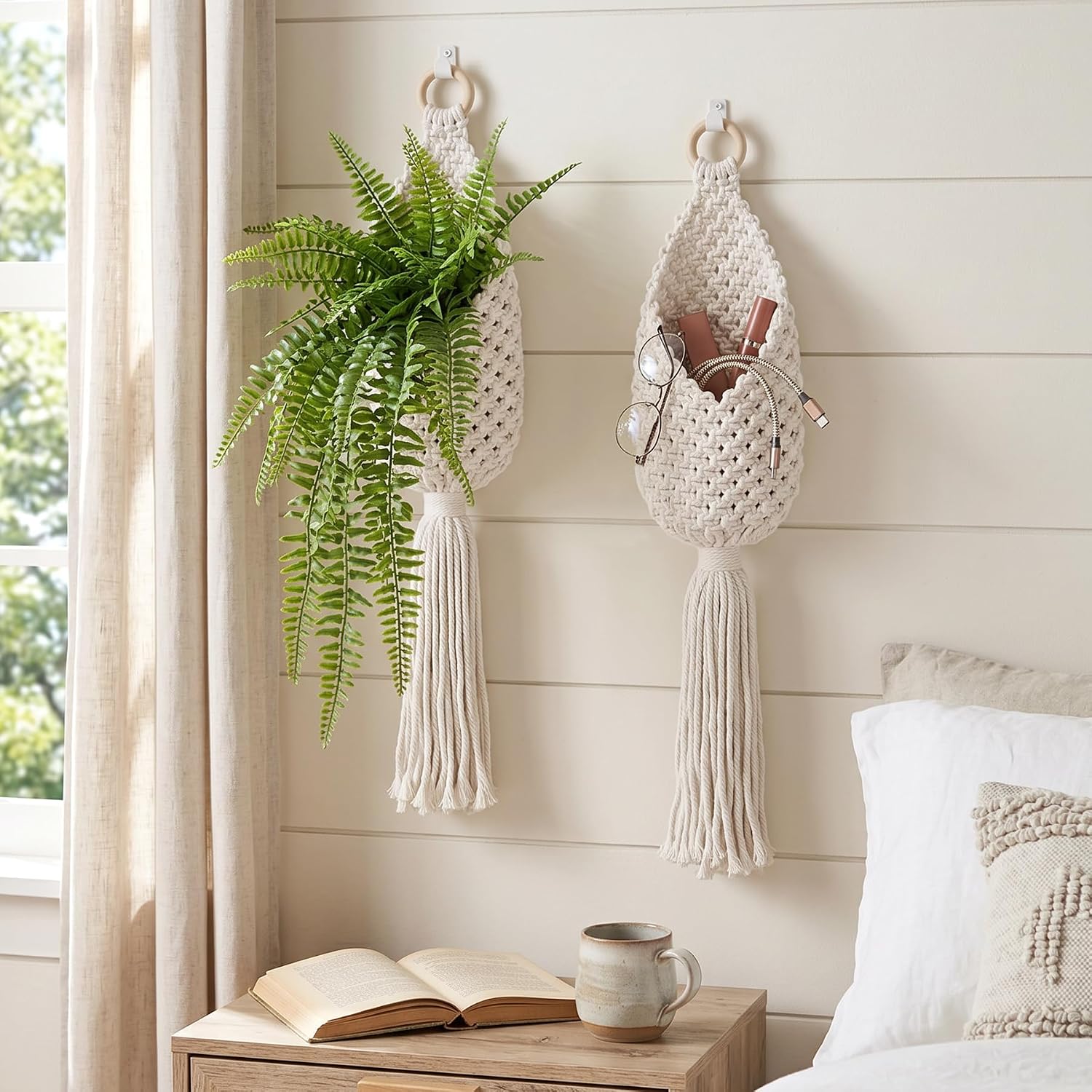 Small Woven Baskets Boho Tassel Decor Storage Cotton Rope Pouches / White / Set of 2