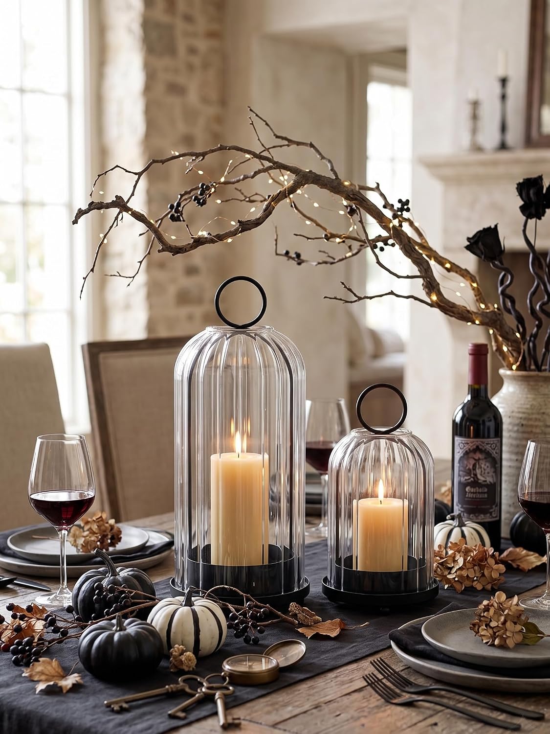 5" & 4" Metal Candle Holder with Ribbed Glass Candle Lanterns Set of 2, Vintage Windproof Hurricane Candle Holders for