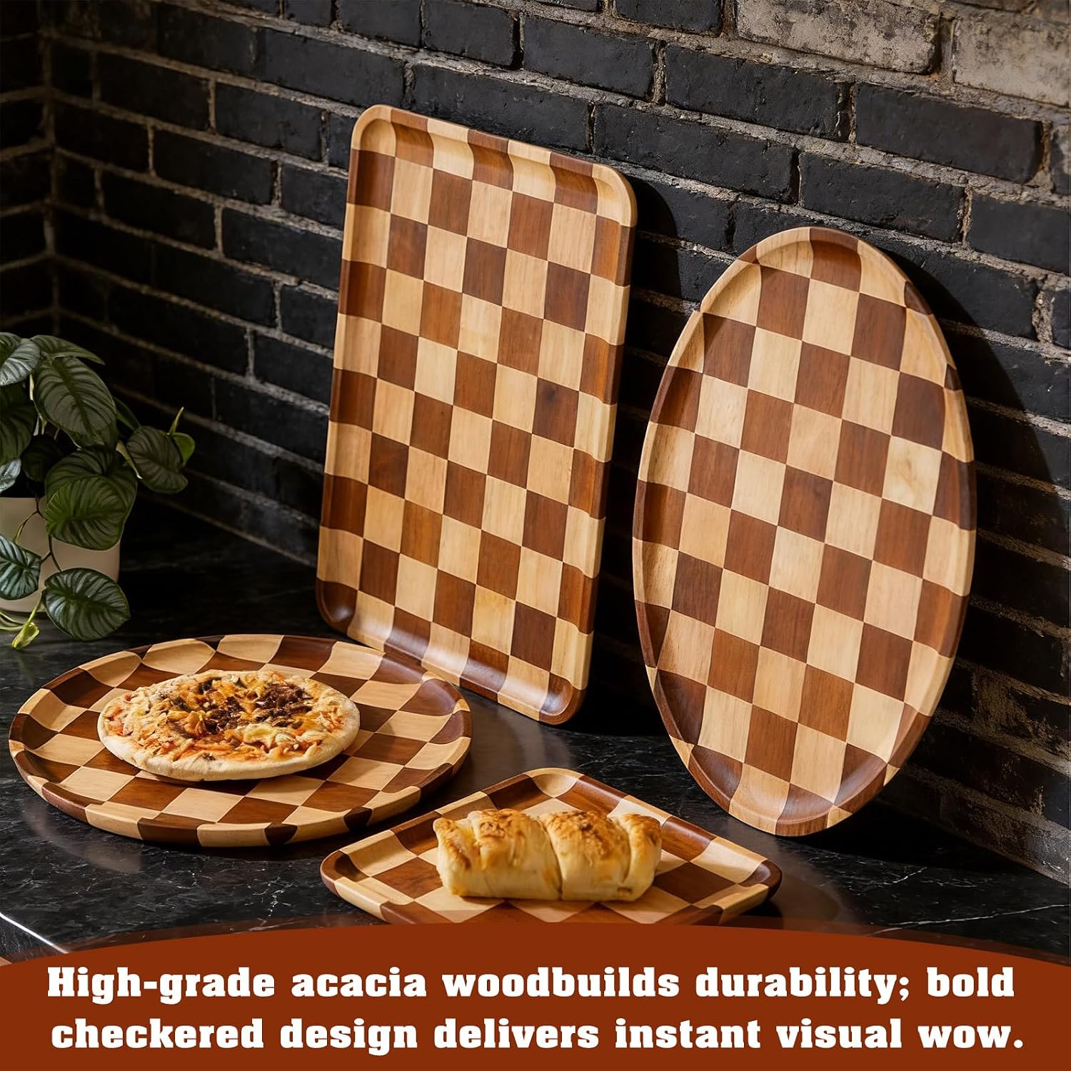 Medium Acacia Wood Checkered Serving Tray " Rectangular Decorative Wooden Tray / 11.8 x 7.9 x 0.7