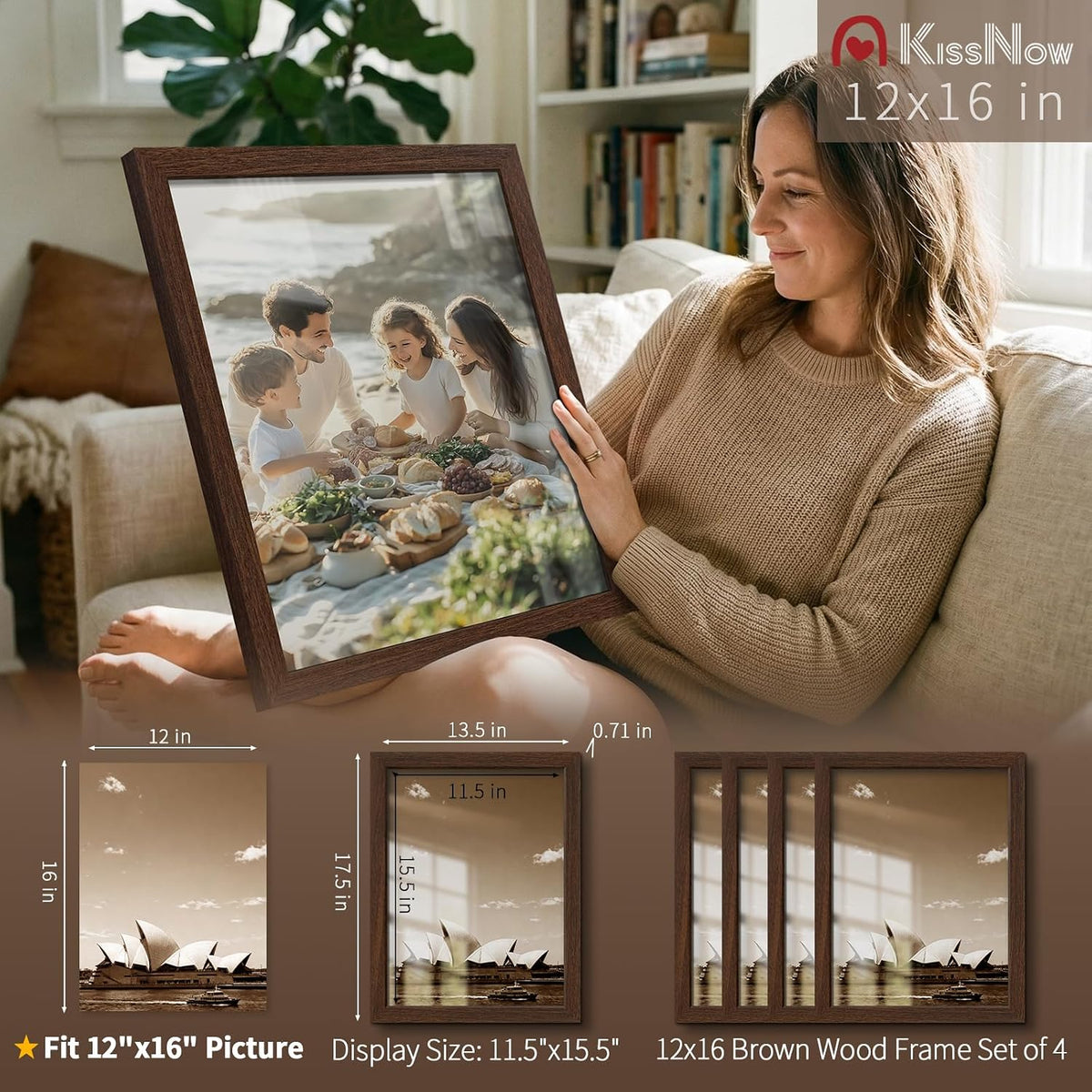 12x16 Picture Frame 4 Pack, Brown Solid Wood, Gallery Wall Hanging | Thick & Wide Border, HD Tempered Glass, Vertical