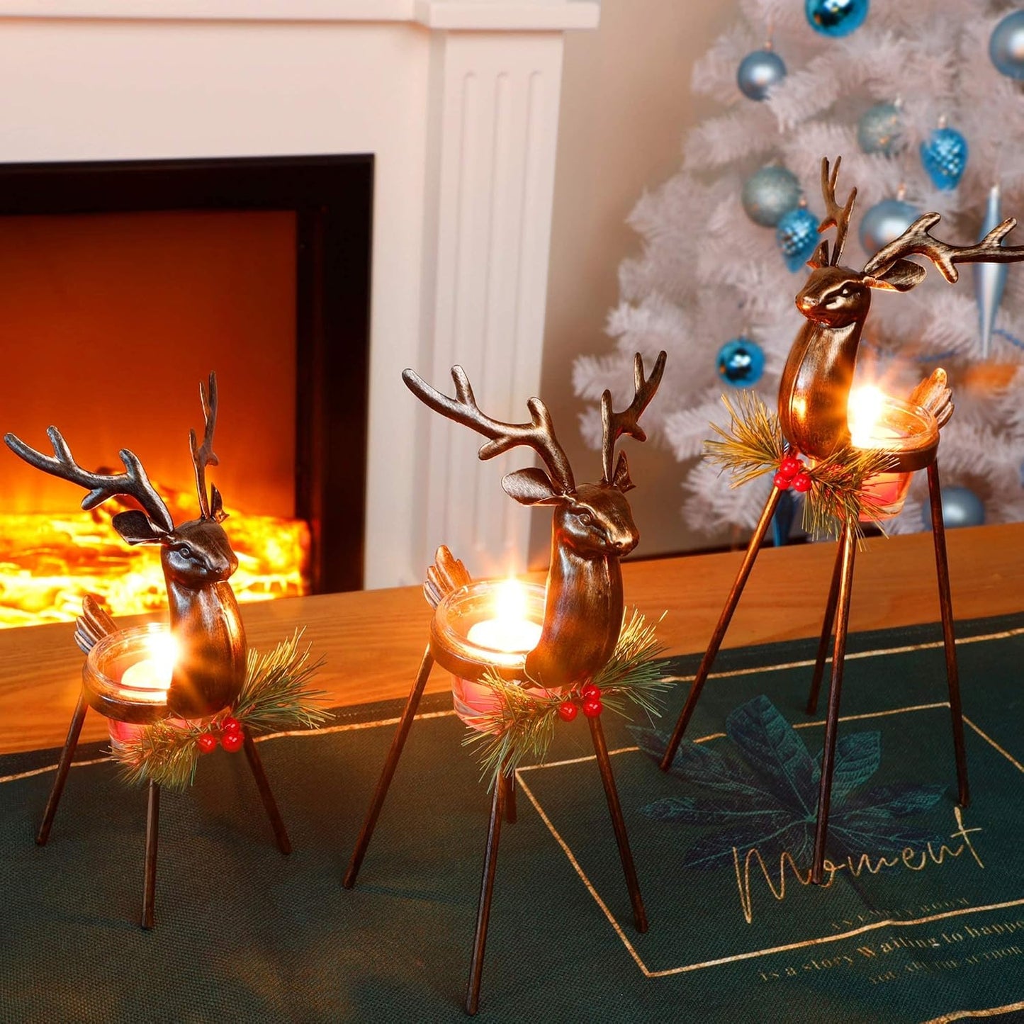 Juegoal Set of 3 Reindeer Tealight Candle Holders, Standing Iron Metal Christmas Decorations, Glass Votive Candle