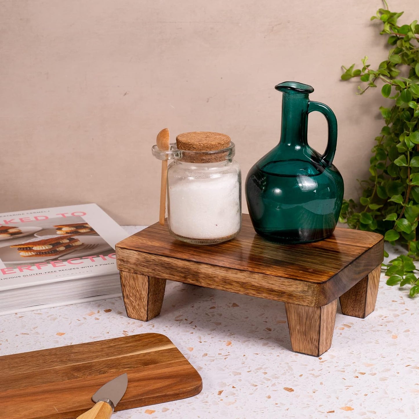 Wooden Tray Pedestal Decor / Dark Polished Mango Wood