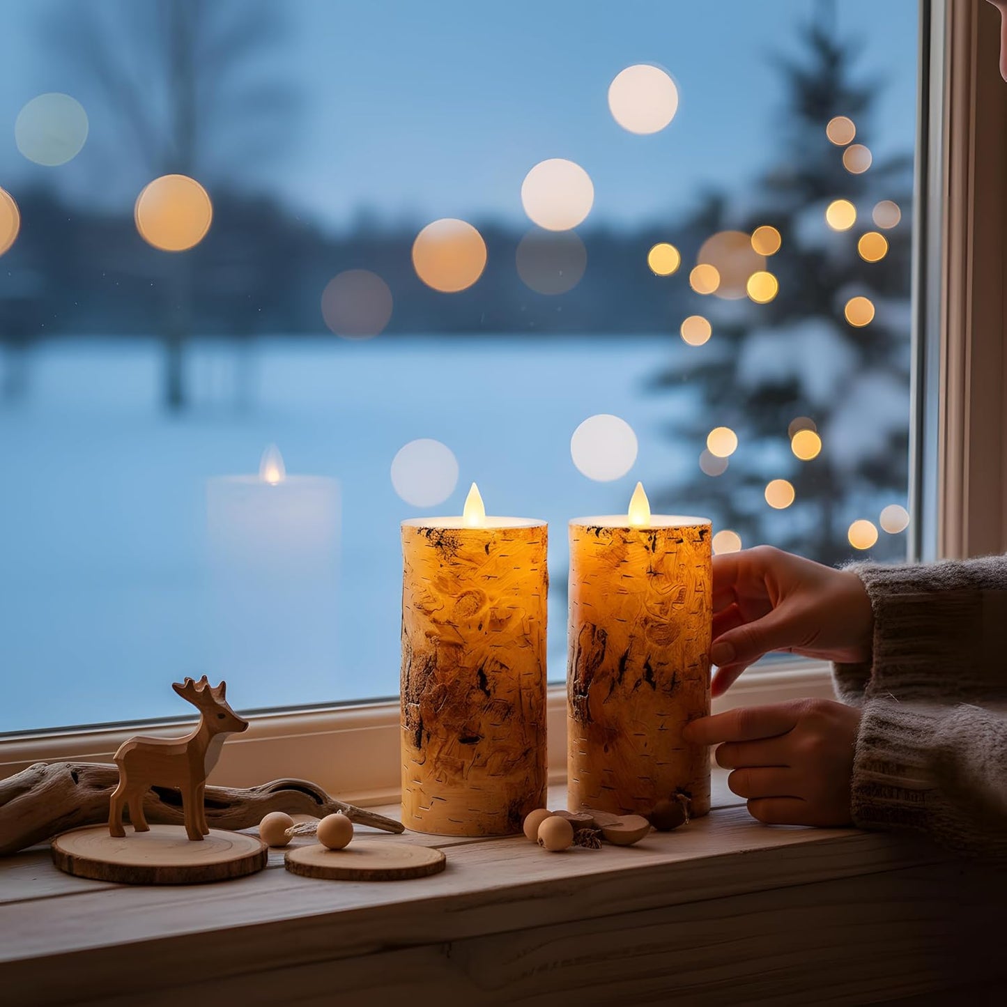 Birch Bark Wax Flameless Candles with Remote Timer, Last 400-Hour with 2AA Batteries, 3D Moving Flame Led Candles, Set
