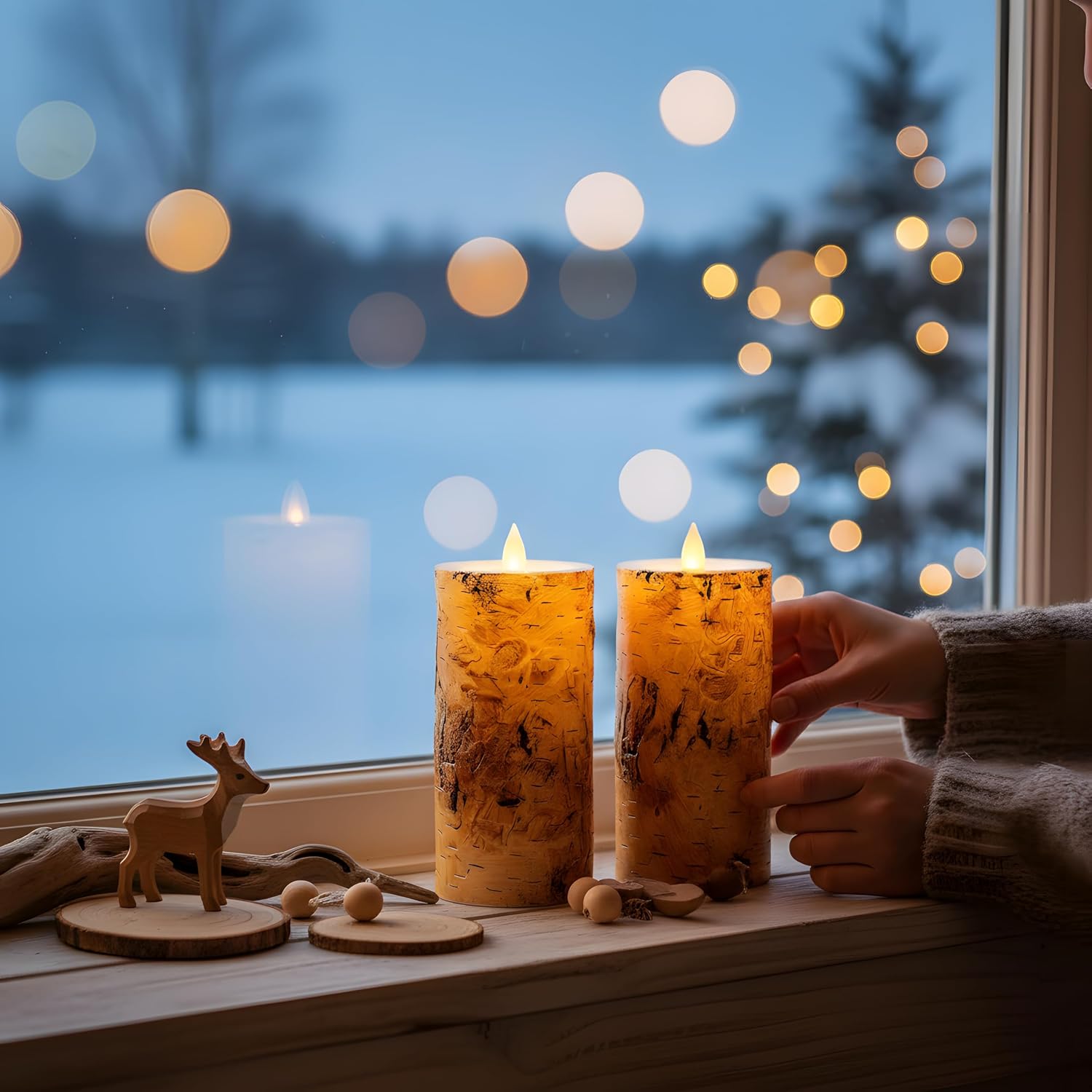 Birch Bark Wax Flameless Candles with Remote Timer, Last 400-Hour with 2AA Batteries, 3D Moving Flame Led Candles, Set