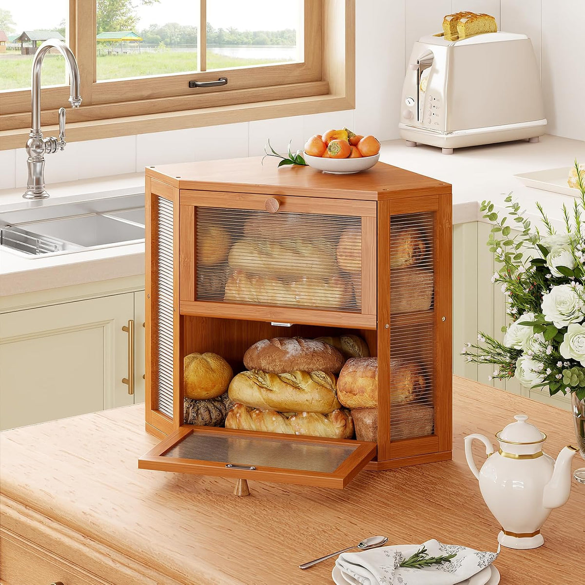 WOWLIVE Double Layer Corner Bread Box for Kitchen Countertop with 2 Doors | Bamboo Bread Storage Container, Large