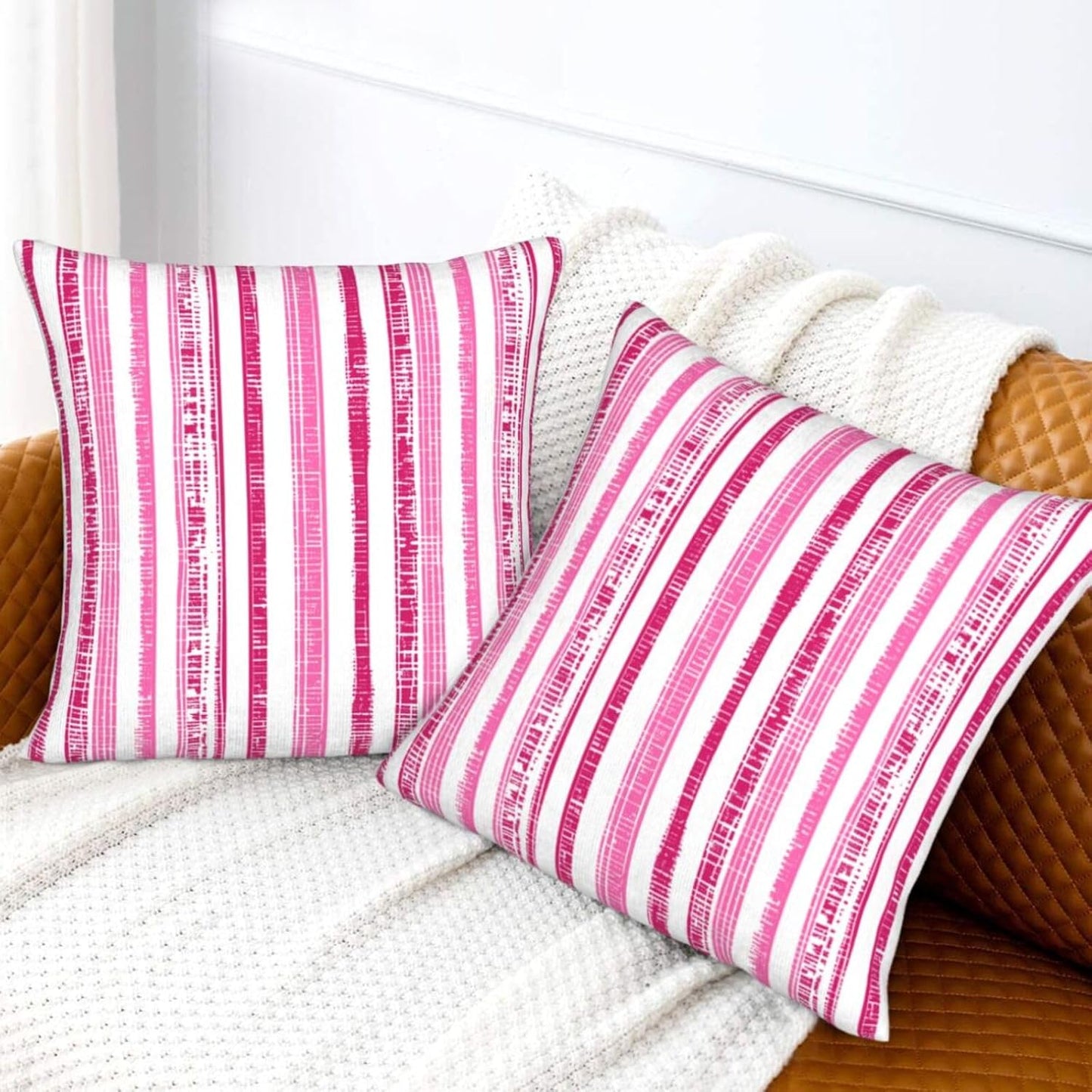 Boho Hot Pink White Striped Throw Pillow Covers Outdoor / 18 x 18 / Boho Hot Pink Striped / Set of 2
