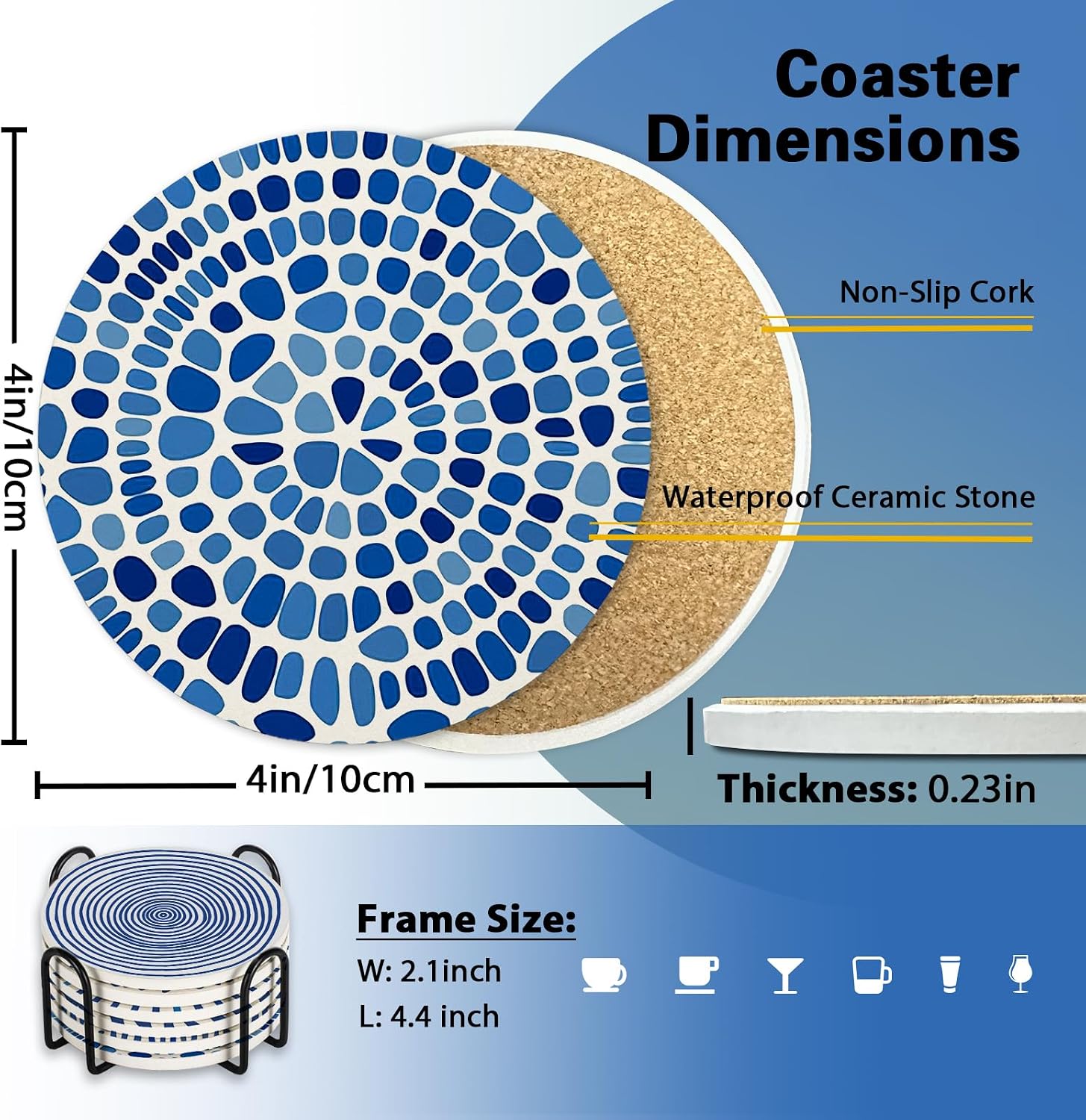 Holder / White Ceramic Coasters / Geometric / Blue / Set of 6