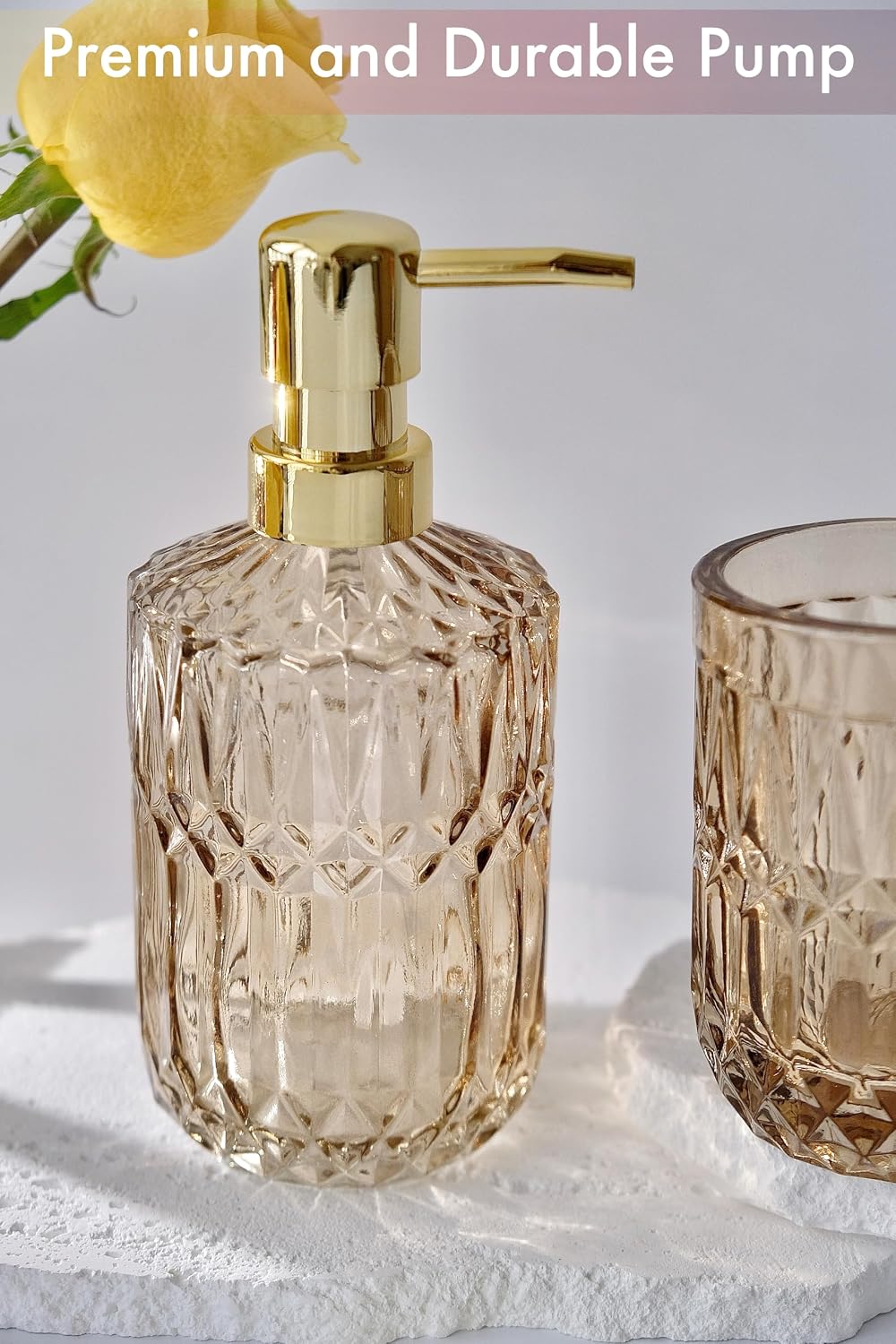 LaMarriti Brown Bathroom Accessories Set, 5Pcs Glass Bathroom Set, Soap Dispenser and Toothbrush Holder Set, Soap Dish