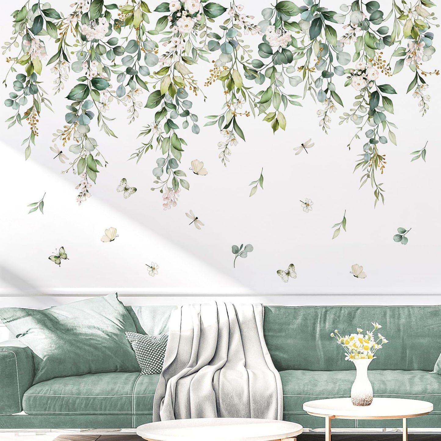 Hanging Leaves Wall Decals Hanging Vines Plants Leaves Peel and Stick Wall Art Stickers / Green