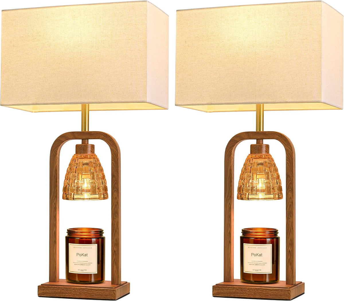 PoKat Electric Candle Warmer Lamps Gold, Lamp Candle Warmers with Timer Dimmer, Wax Light Warming Table Lamps Set of 2
