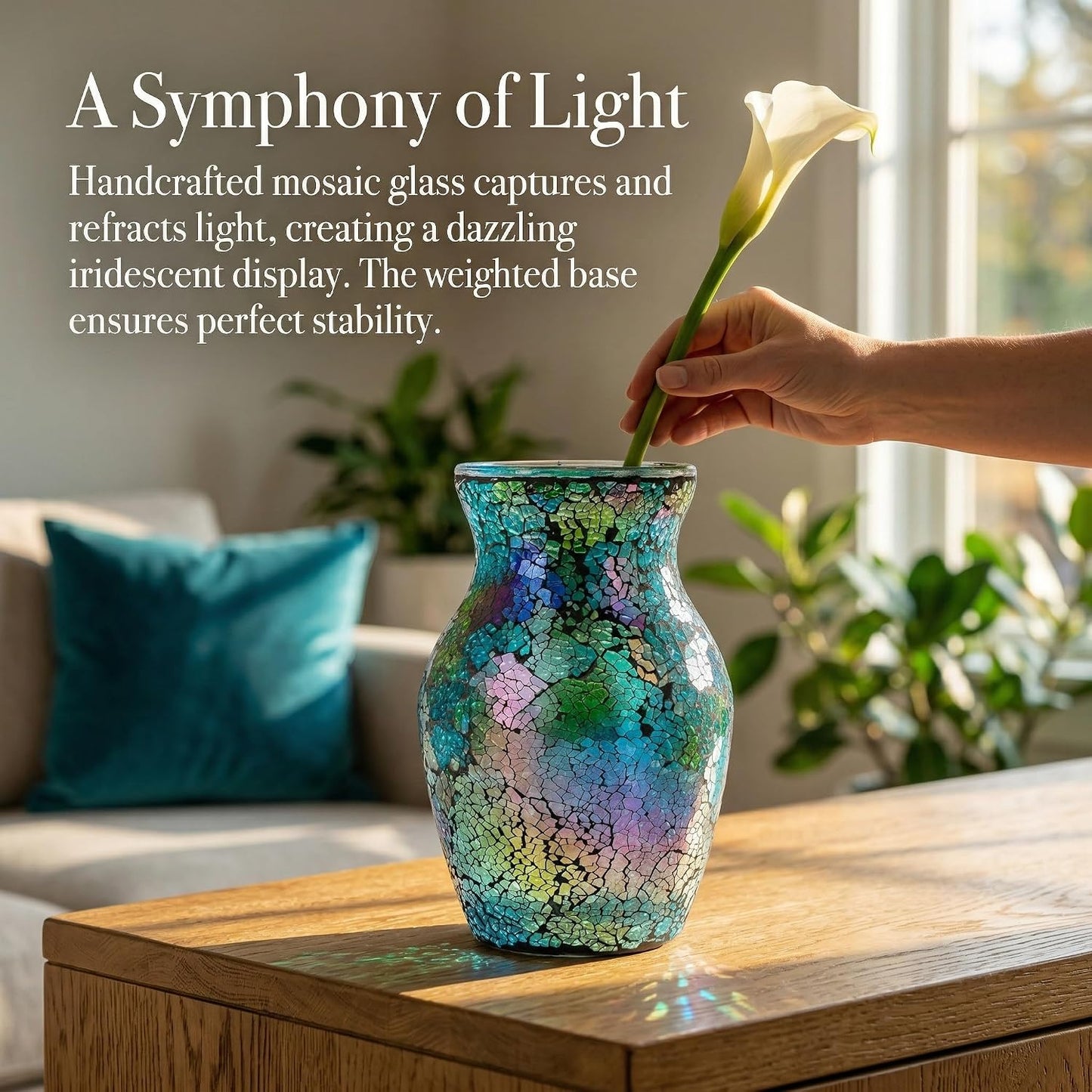 8" Iridescent Crackle Glass Vase / Iridescent Green