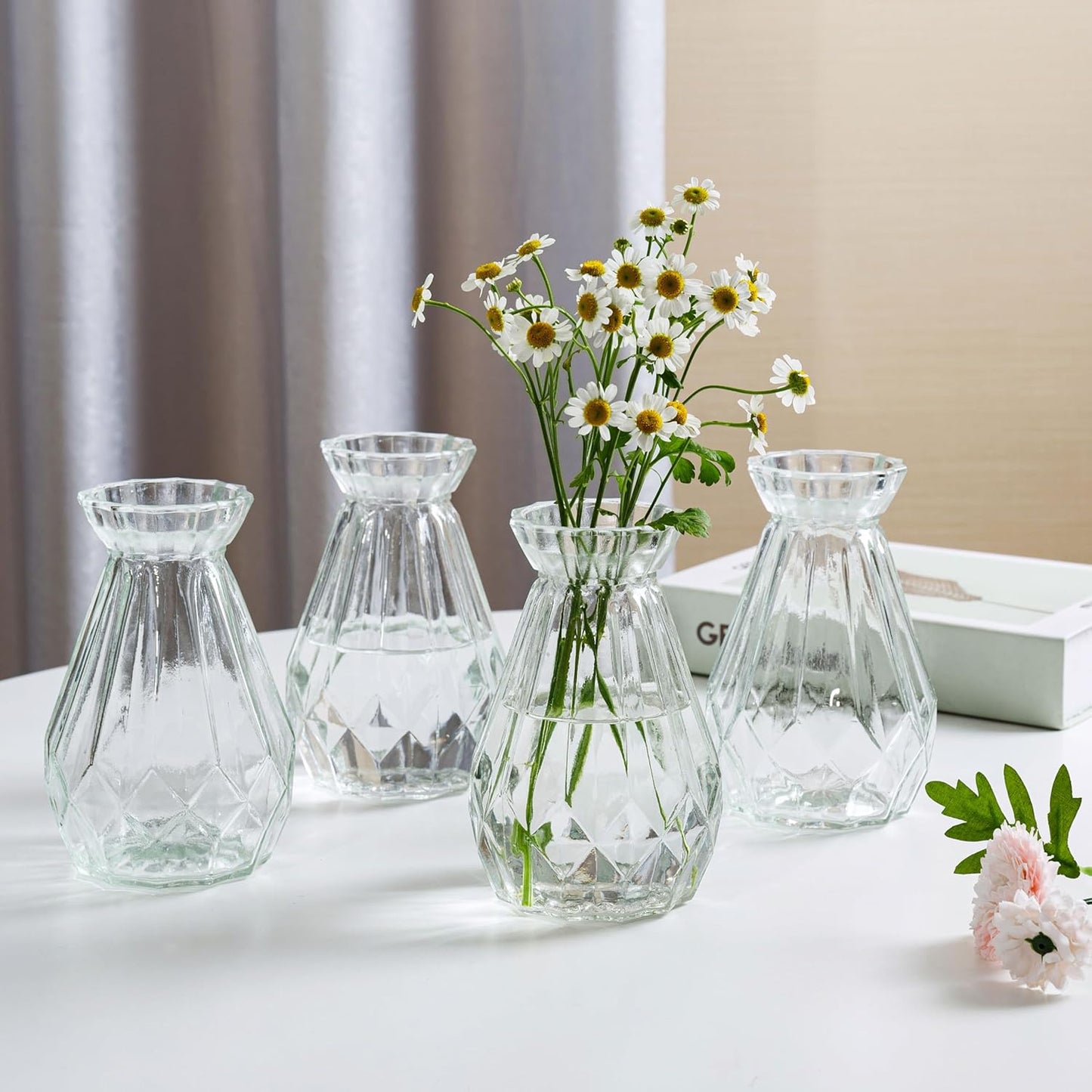 Mini Diamond-Faceted Glass Bud Vases / Clear / Set of 6