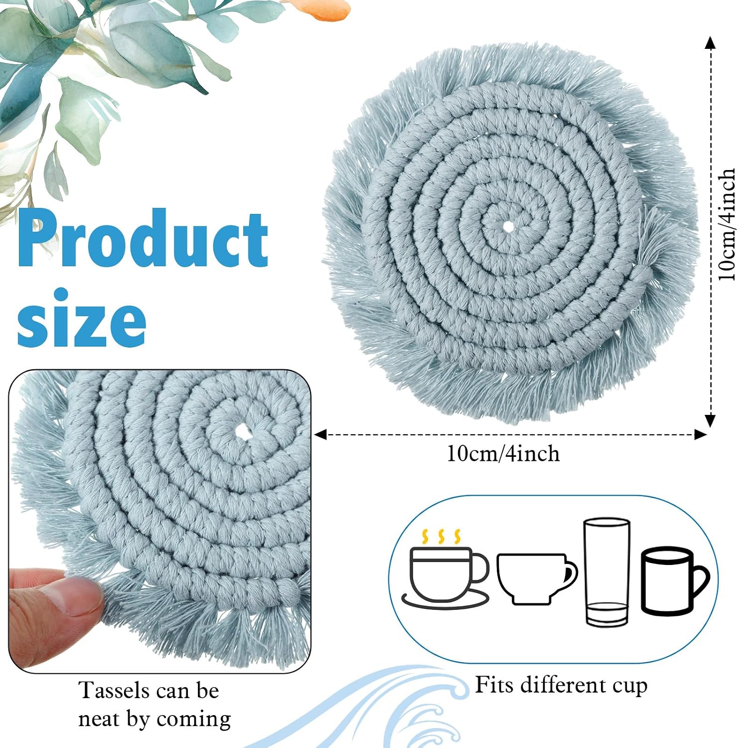 Holder Farmhouse Tassel Macrame Cup Mat / Morandi / Set of 6