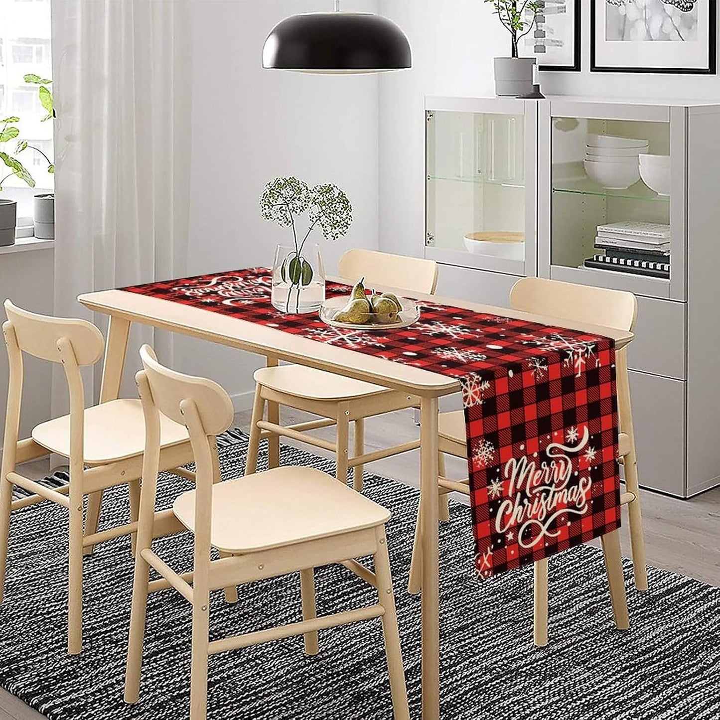 Xmas Linen Table Runner, Red and Black Buffalo Plaid Snowflake Merry Christmas Holiday Farmhouse Patterns Printed Linen