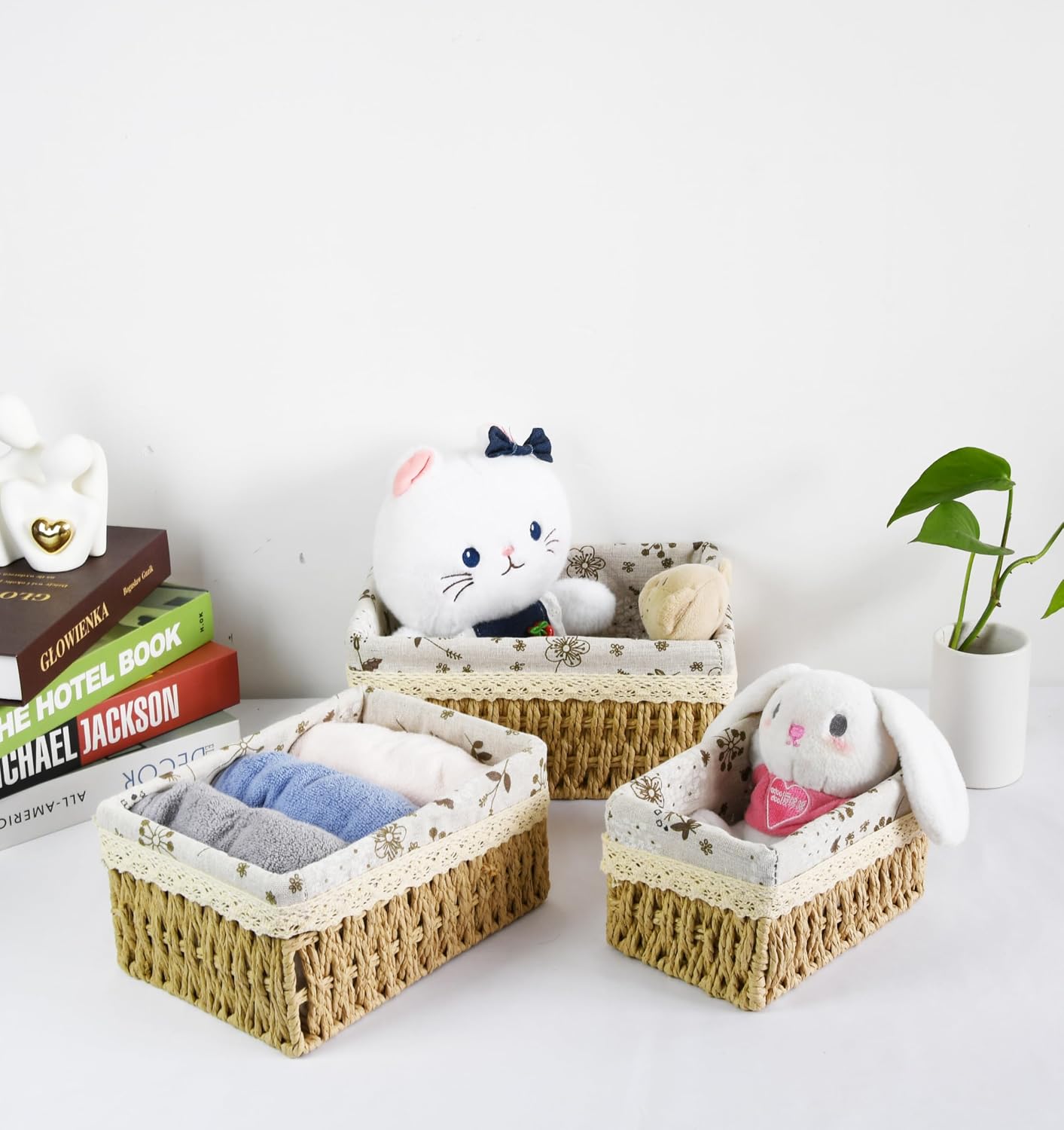 Decorative Paper Rope Storage Baskets Hand-Woven Wicker Nesting Bins / Set of 3
