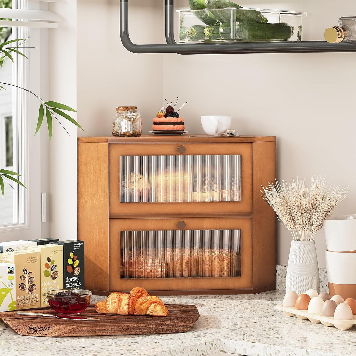 Trironsun Corner Bamboo Bread Box for Kitchen Counter Double Layer Bread Storage Container Large Capacity Bread Storage