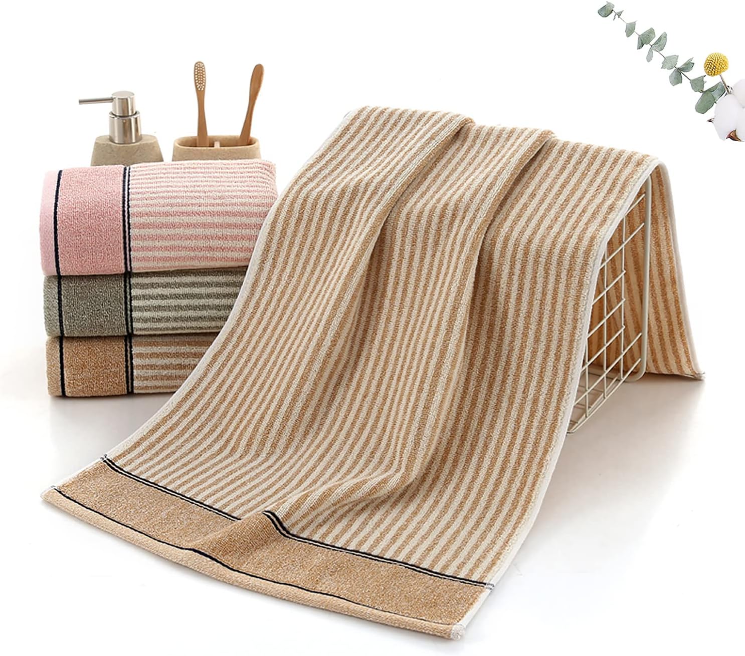 Hand Towels Set of 4 100% Cotton Striped Pattern Absorbent Soft Decorative Towel for Bathroom (Brown)