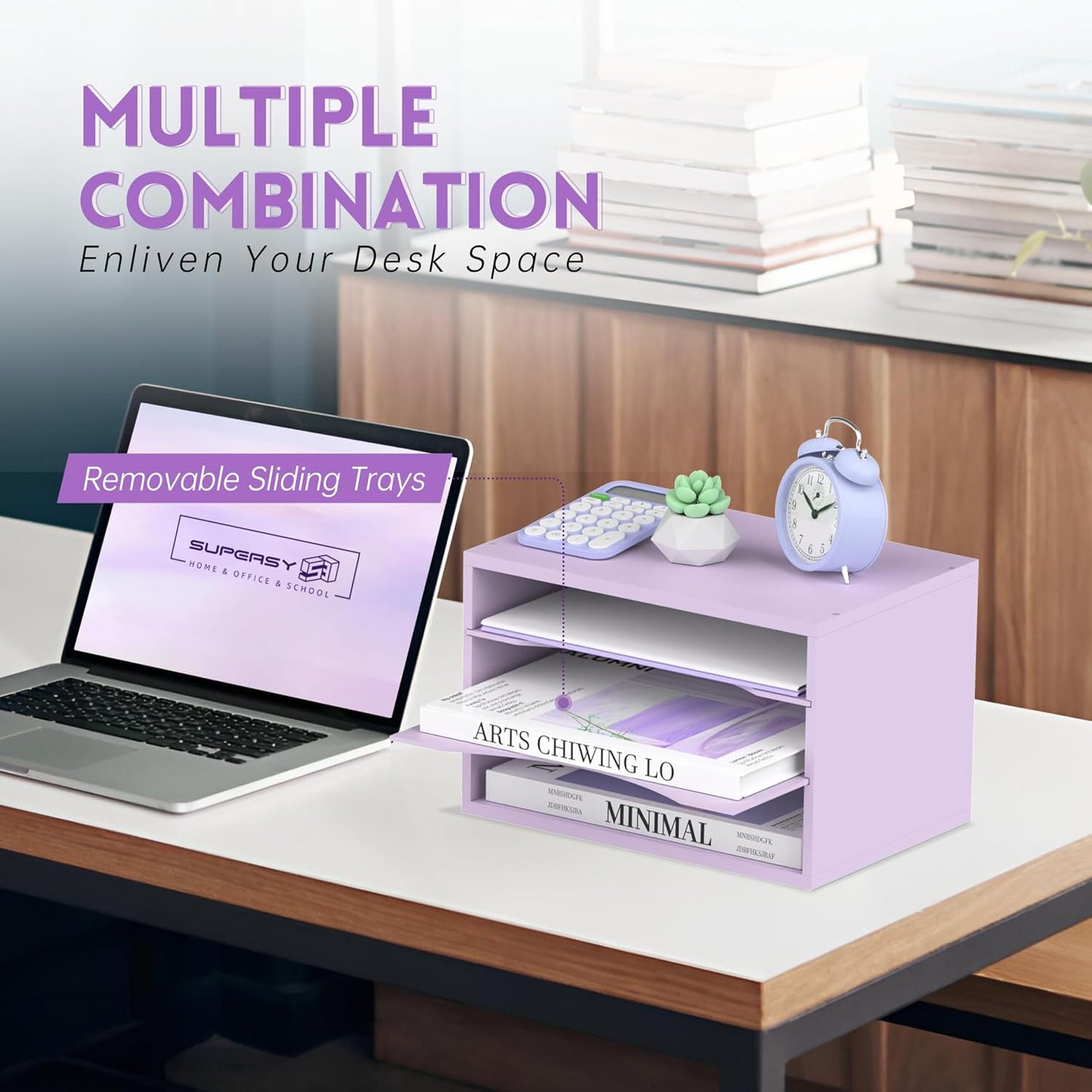 3 Tier Wood Desk Organizer, Paper Organizer for Desk, Purple | Wooden Desktop Organizer for Sorting Papers, Letters and