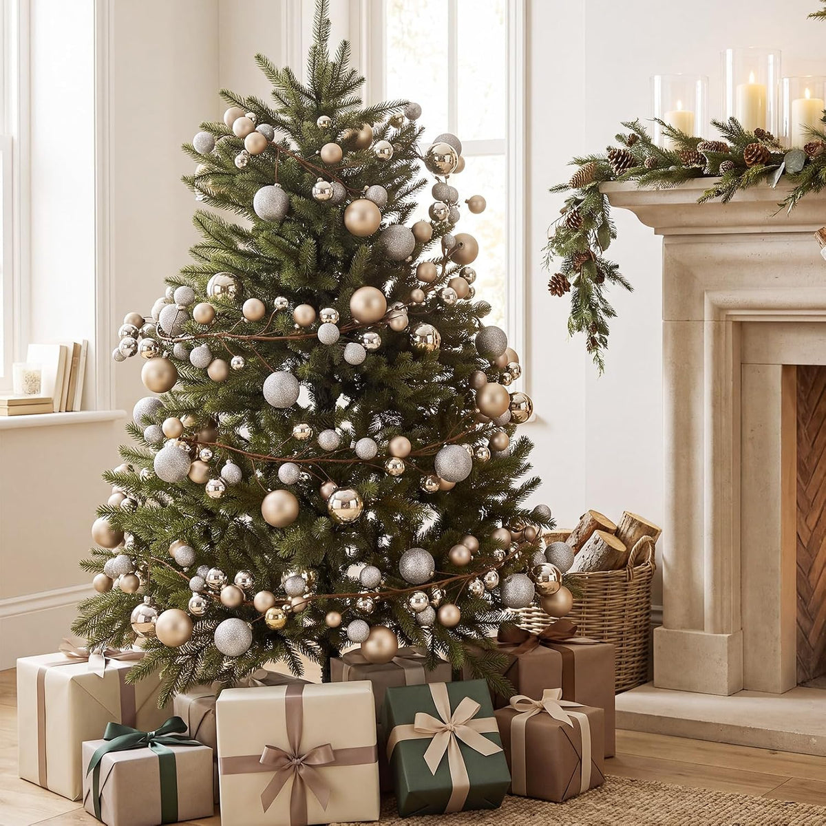 2 Pcs 9 ft Christmas Ball Ornament Garland, Champagne Gold | Bauble Bulb Christmas Tree Ball Decoration Shatterproof