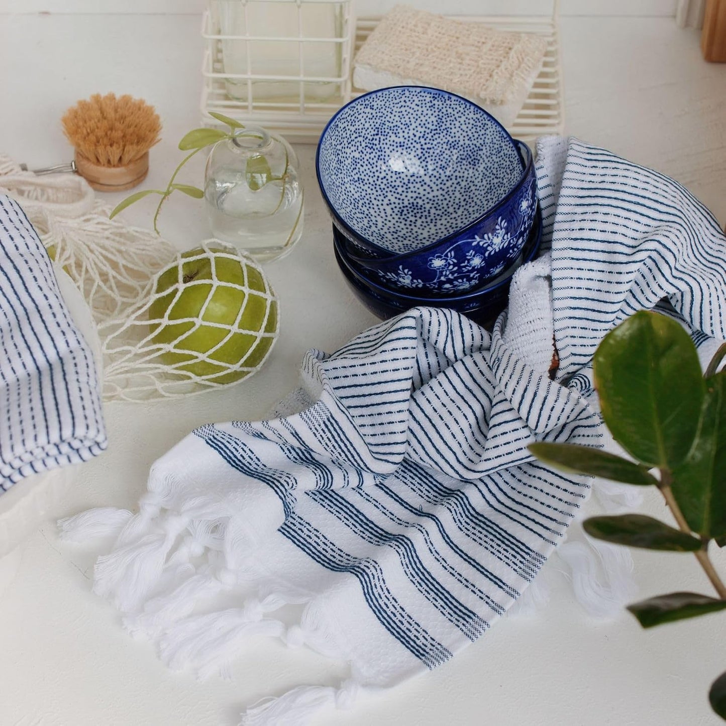 Tabea Turkish Cotton Hand Towels Set of 2 – Decorative Kitchen & Bathroom Towels with Woven Front and Terry Backing