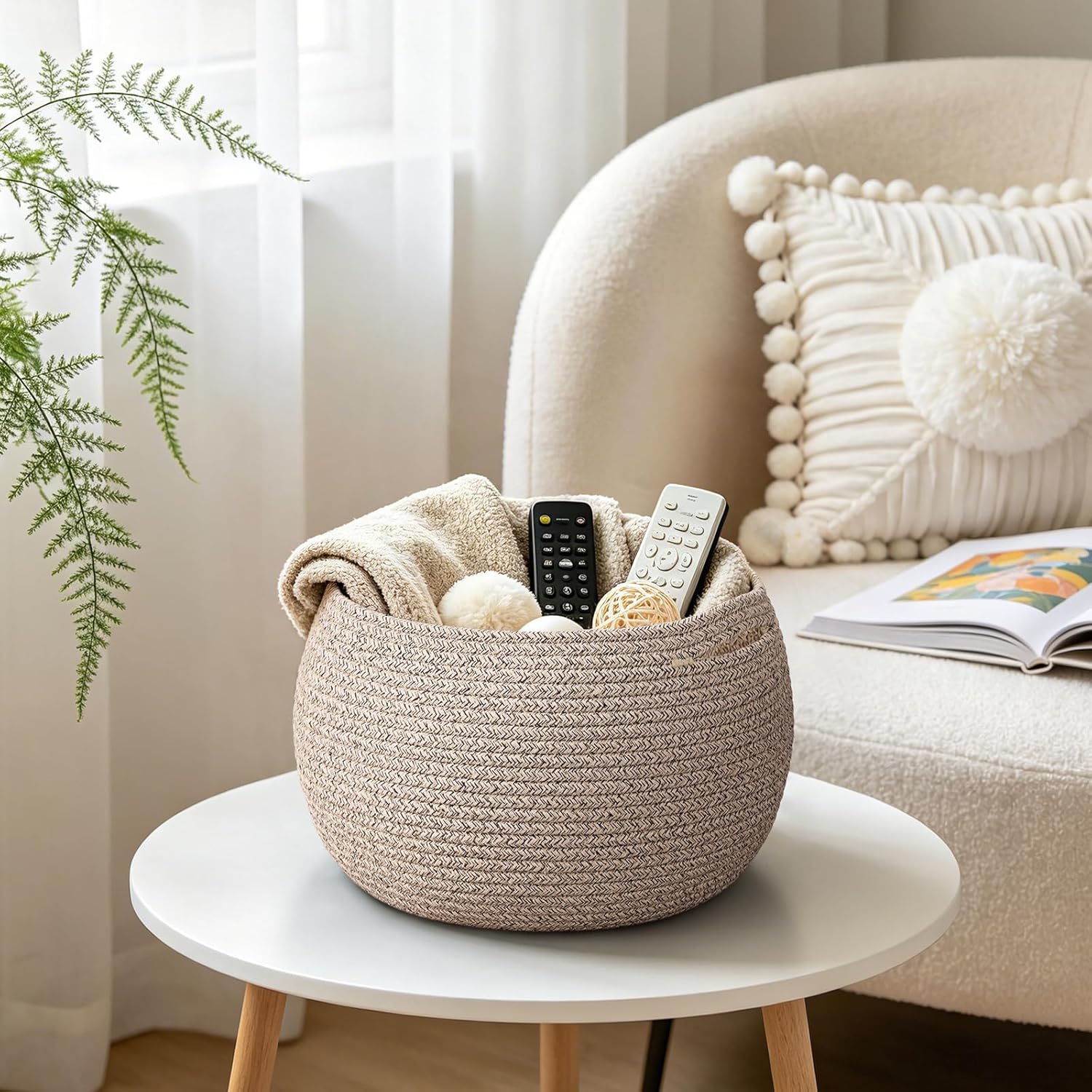 Woven Basket / Round Wicker Baskets for Toy Storage / Light Brown / 10"D x 8.3"H