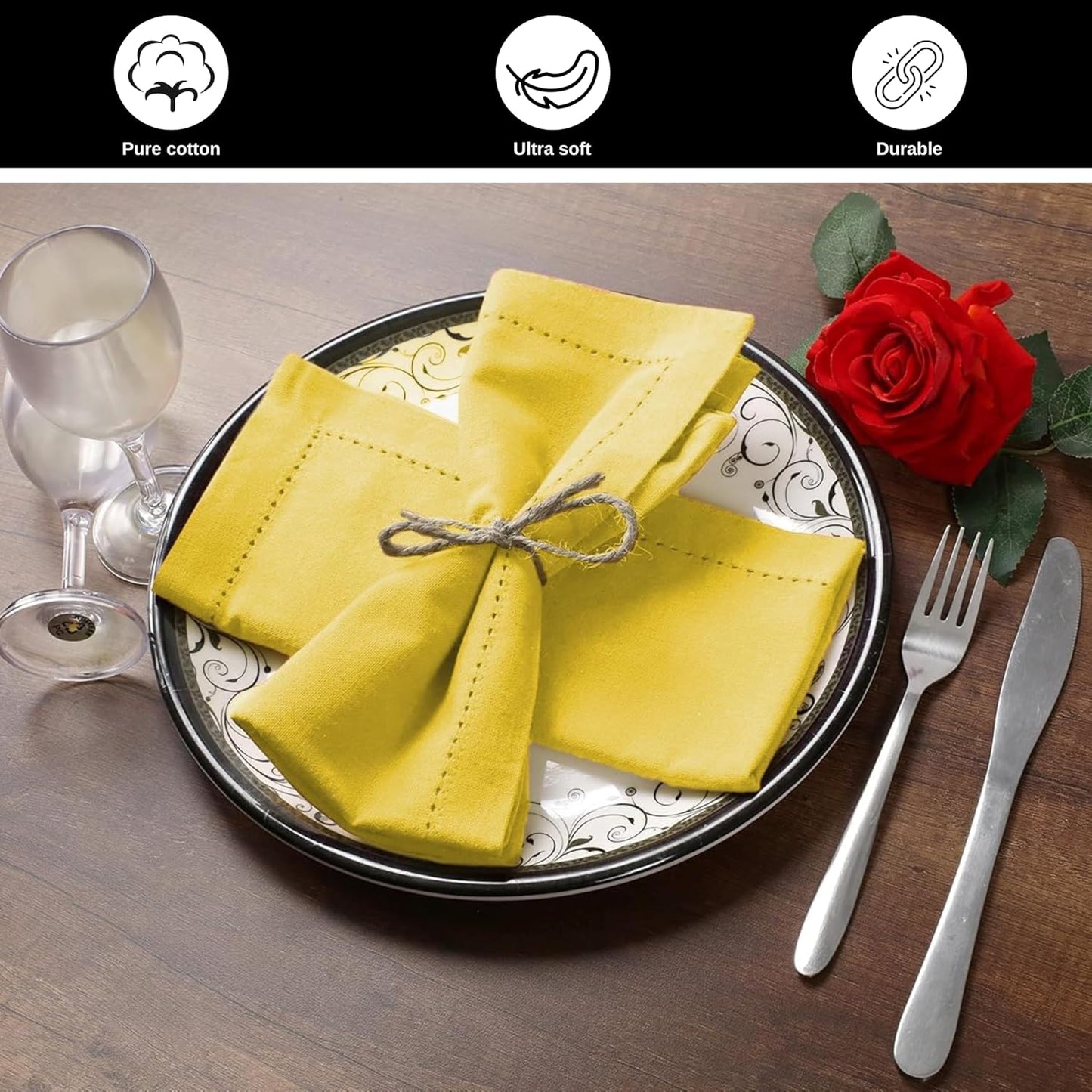 Bedding Craft Cotton Dinner Napkins Set of 12 – 18x18 Sand Yellow with Hemstitched Mitered Corners – Machine Washable