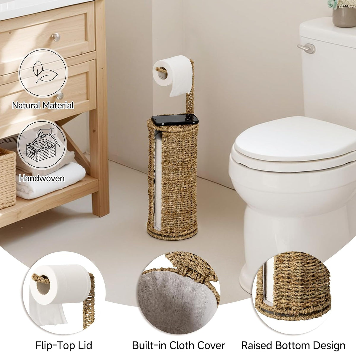 StorageWorks Wicker Freestanding Toilet Paper Holder Stand with Storage | Farmhouse Covered Toilet Paper Stand for 4