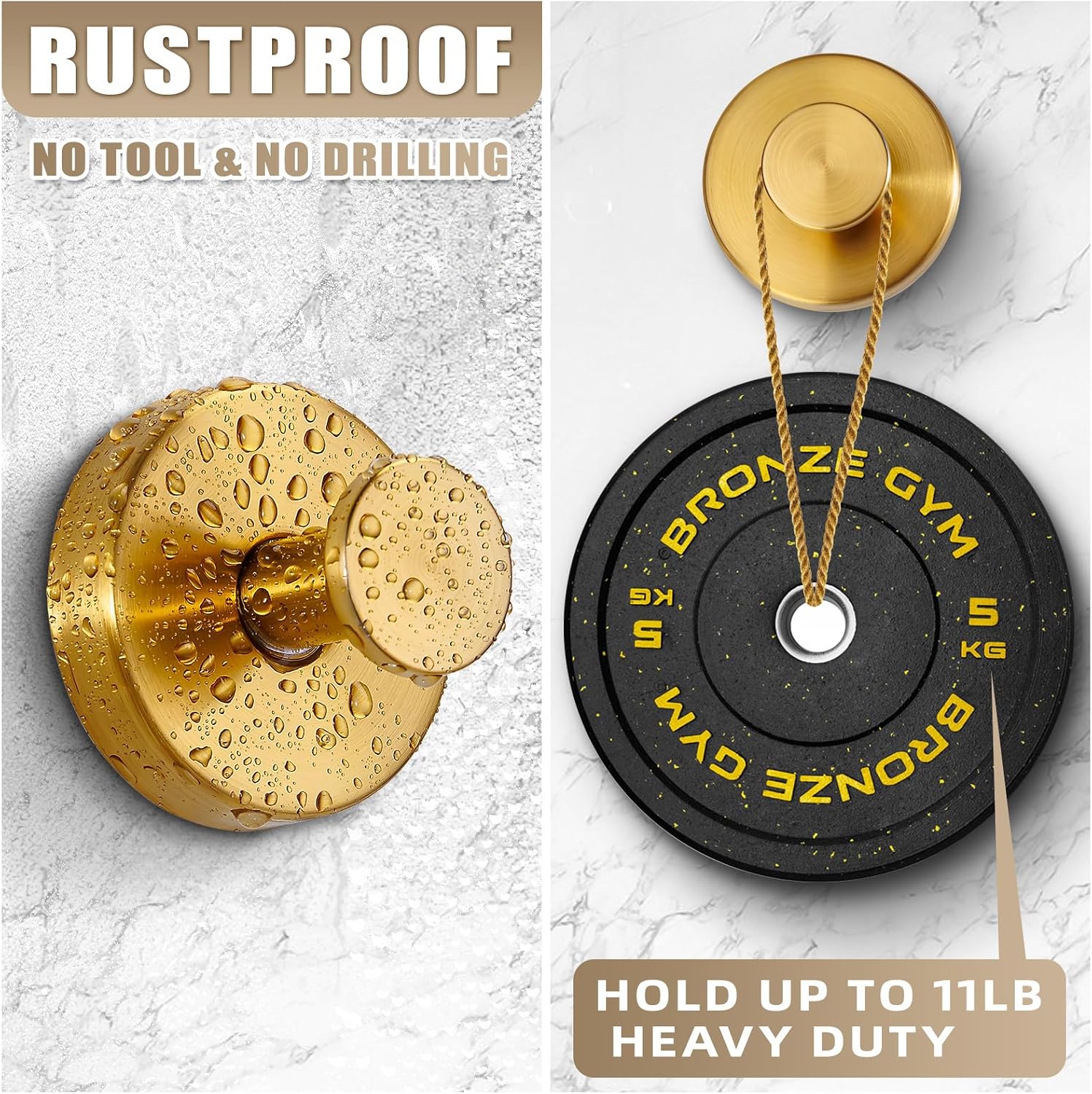 Suction Cup Hooks for Shower No-Drill Bathroom Hooks for Towels / Brushed Gold / Set of 2