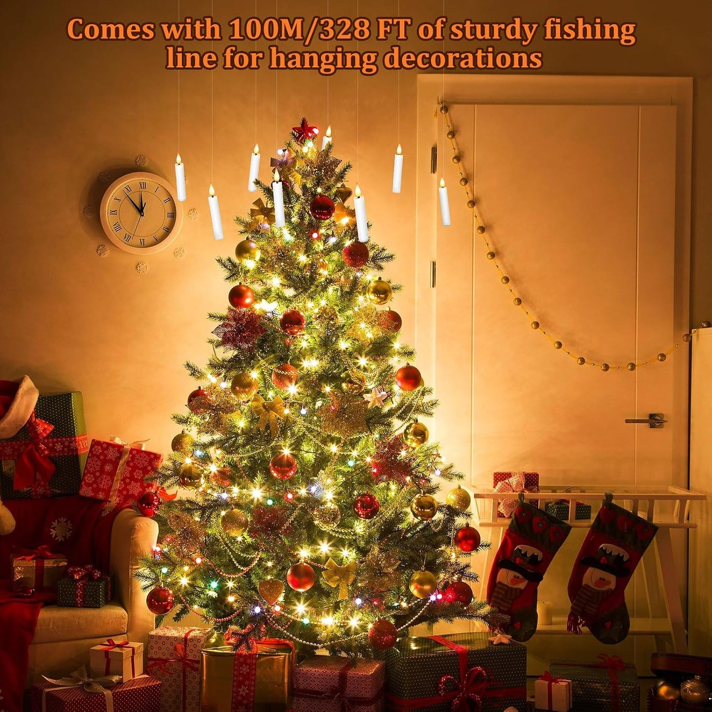 IMAGE 24Pcs LED Taper Candles Light Set Floating Effect with Fishing Line Flameless 3D Wick Ivory Candles with Clip-on