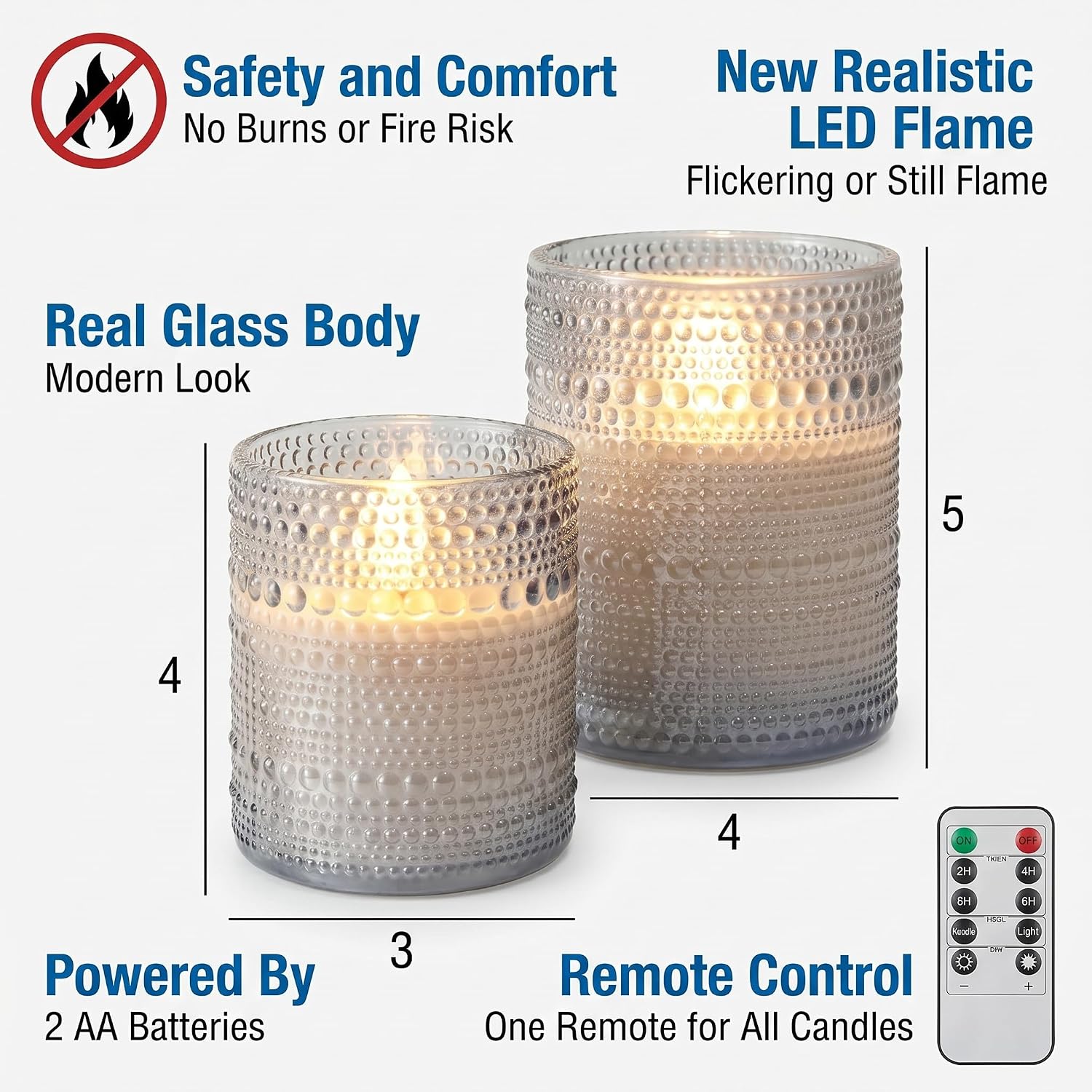 VENTA Stunning Grey Dotted Glass Flameless Candles 2-Pack with Realistic Flickering Glow | Includes Remote & Timer