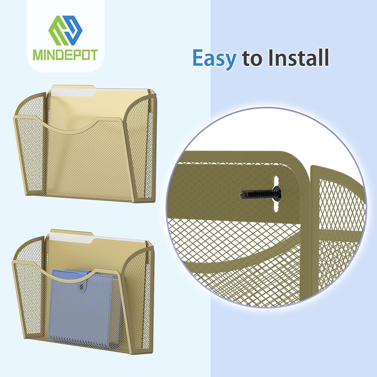 MINDEPOT Wall File Organizer, Hanging Wall File Holder, 3 Pack, Gold | Heavy Duty Iron, Metal Mesh Wall Mount, Single