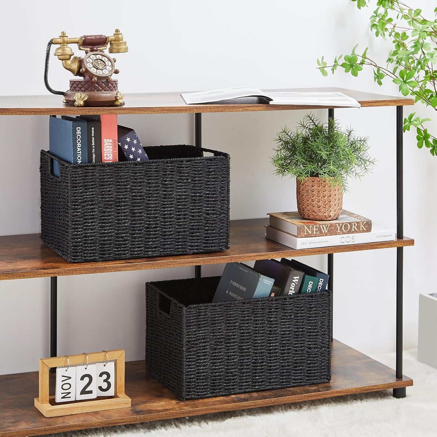 Wicker Storage Basket / Black / 15.2"D x 10"W x 8.6"H / Set of 2