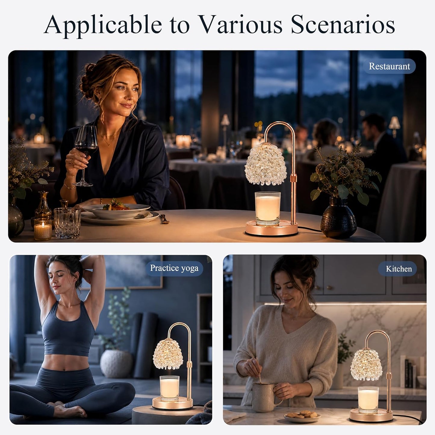 Crystal Candle Warmer Lamp with Timer, Adjustable Height, Dimmable | Hand-Embedded Glass Crystal Lampshade, Electric
