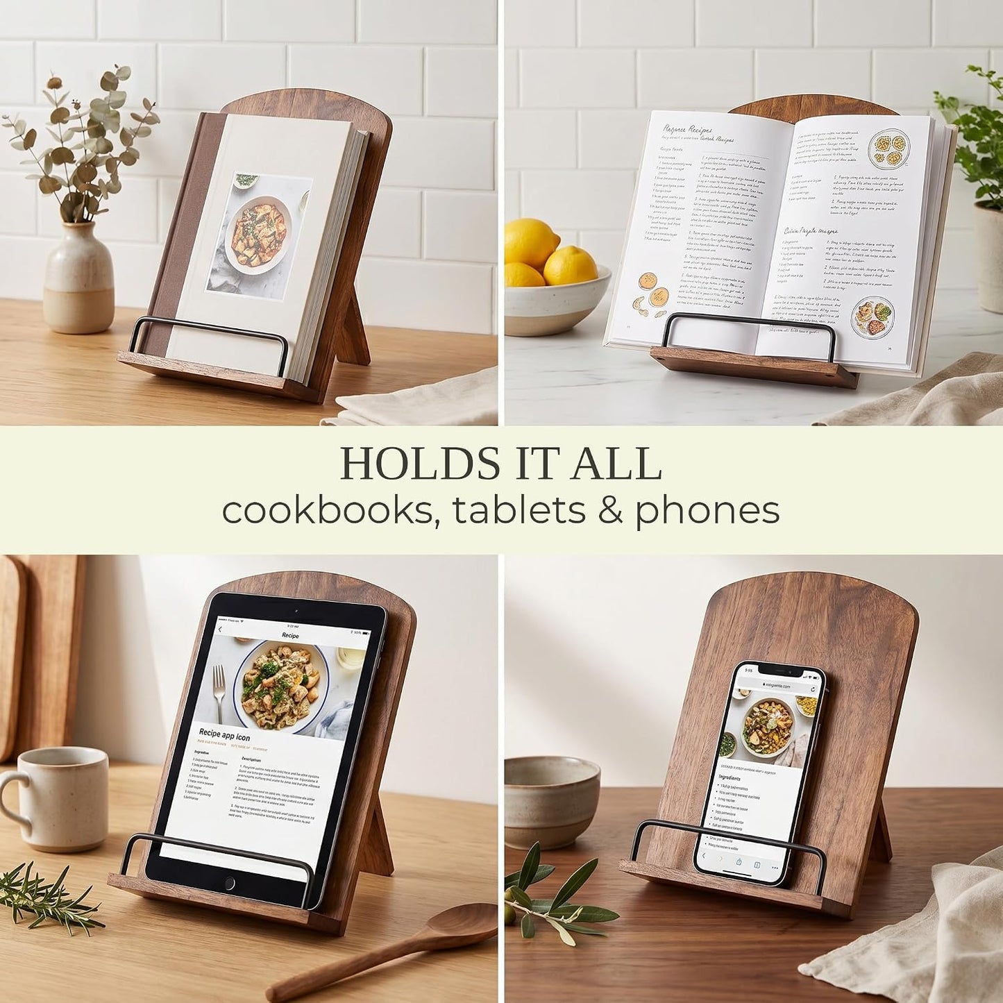 Beautiful Cookbook Stand for Your Kitchen Counter - Solid Wood, Fits iPad | Easily Keeps Cook or Recipe Books Open for