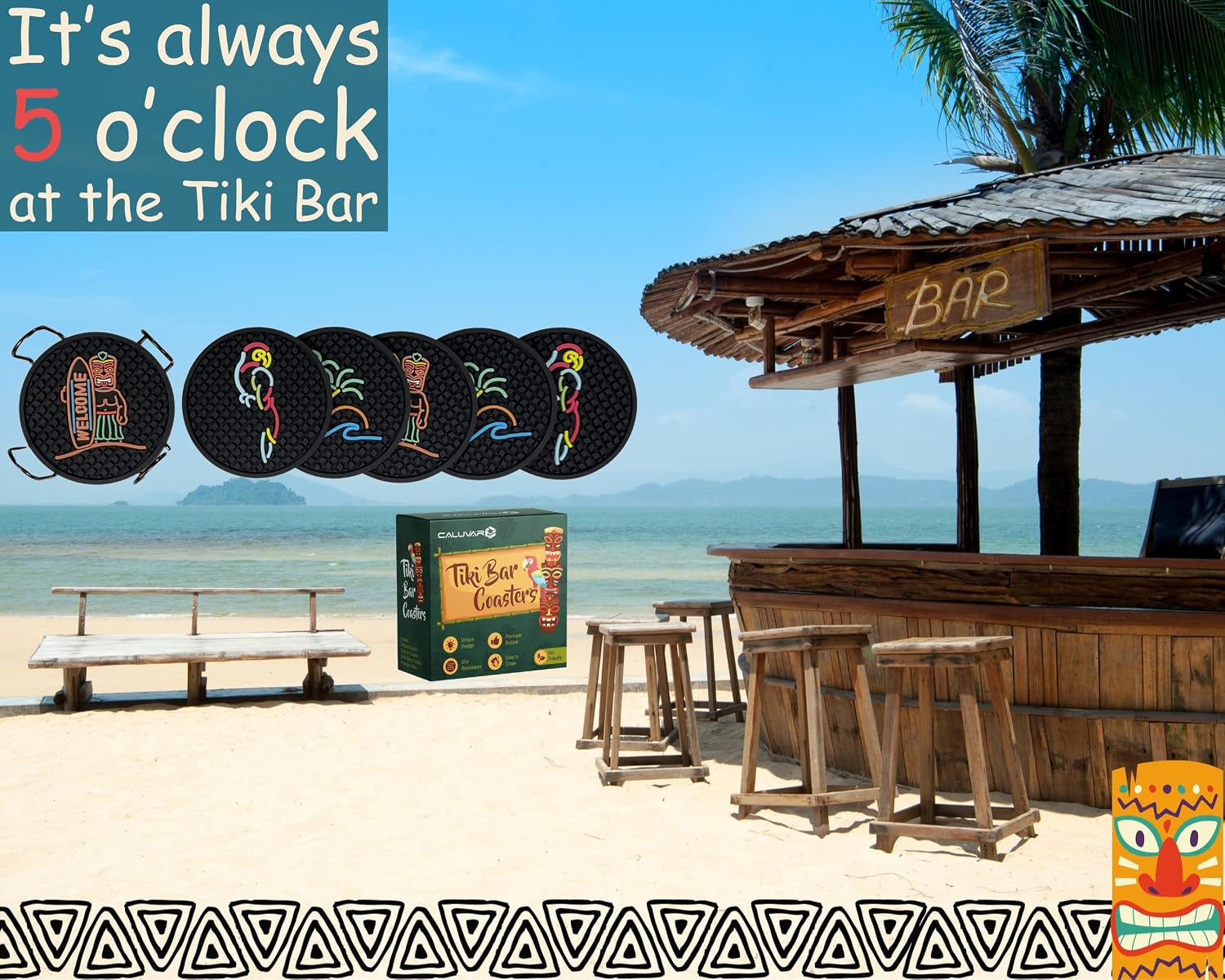 Holder / Wave & Palm Tree / Tiki Bar / Set of 6